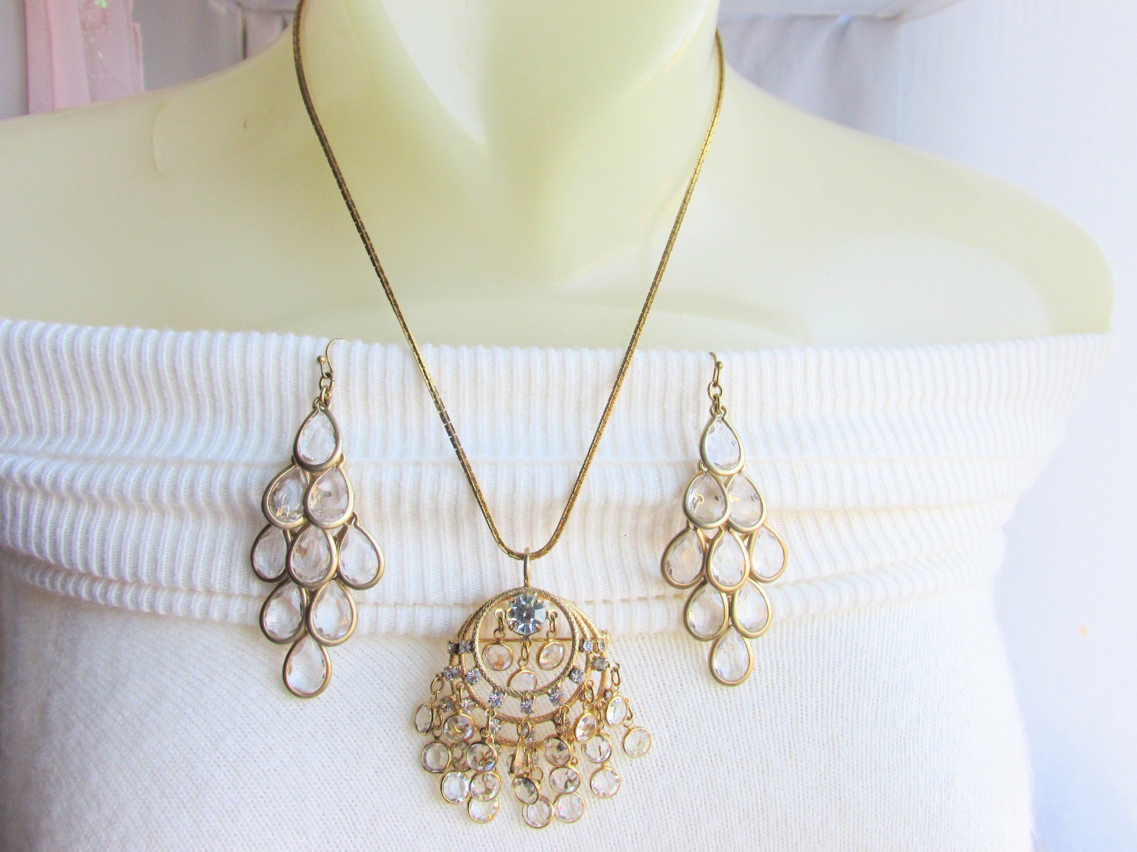 Lia Sophia Kiam Collection “Crystal Chandelier” Matte GoldTone Earrings +Pendant