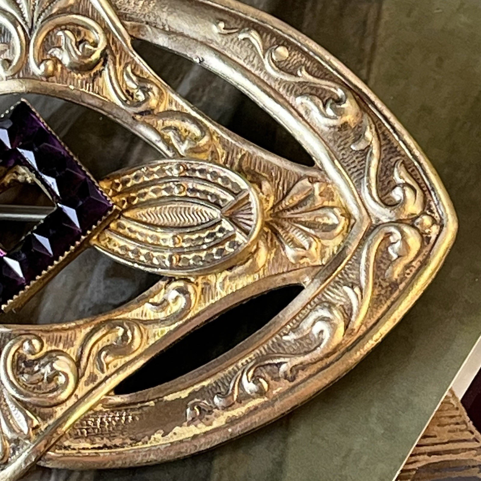 Antique Repousse Brooch Purple Glass Squares Gold Washed Brass Sawtooth C Clasp