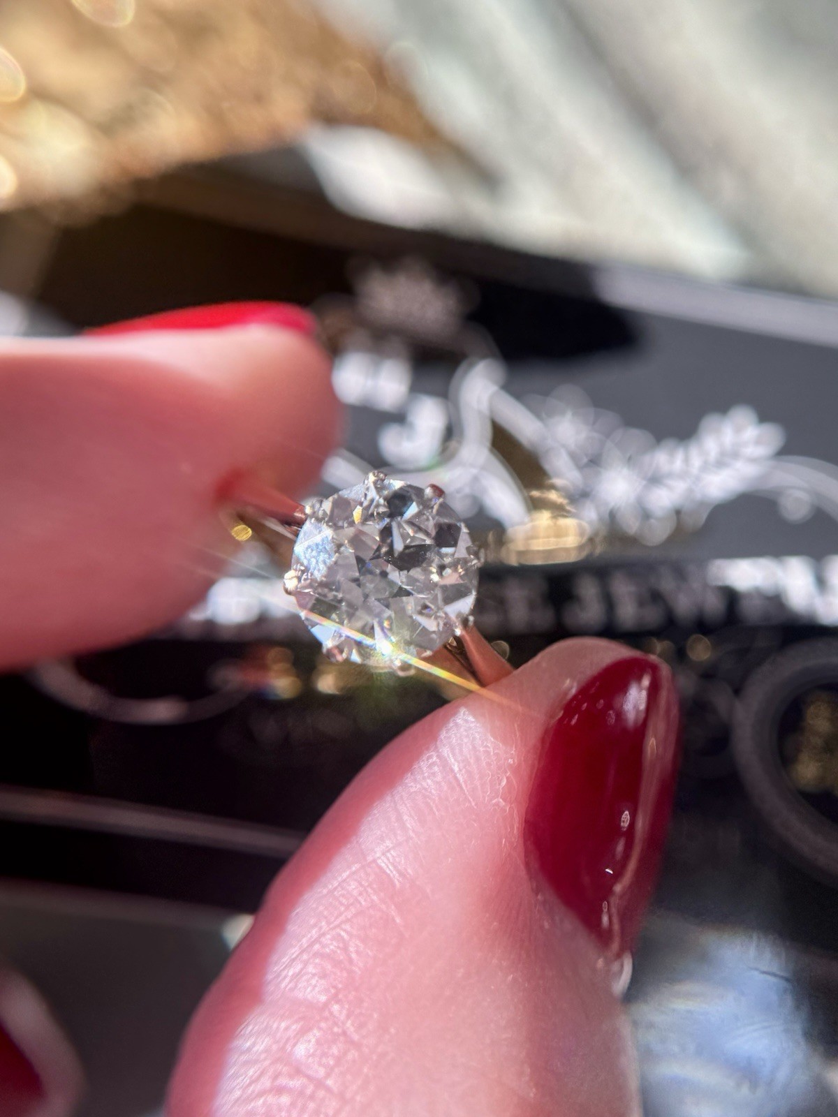 Vintage 18k Gold 2.35 carat Old European Cut Diamond Engagement Ring