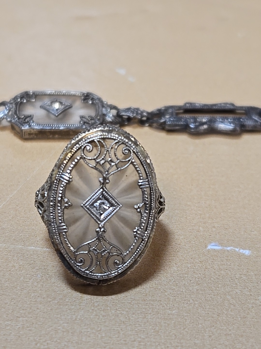 1930s Art Deco Childs CAMPHOR Glass Sterling Filigree & Diamond Bracelet & Ring