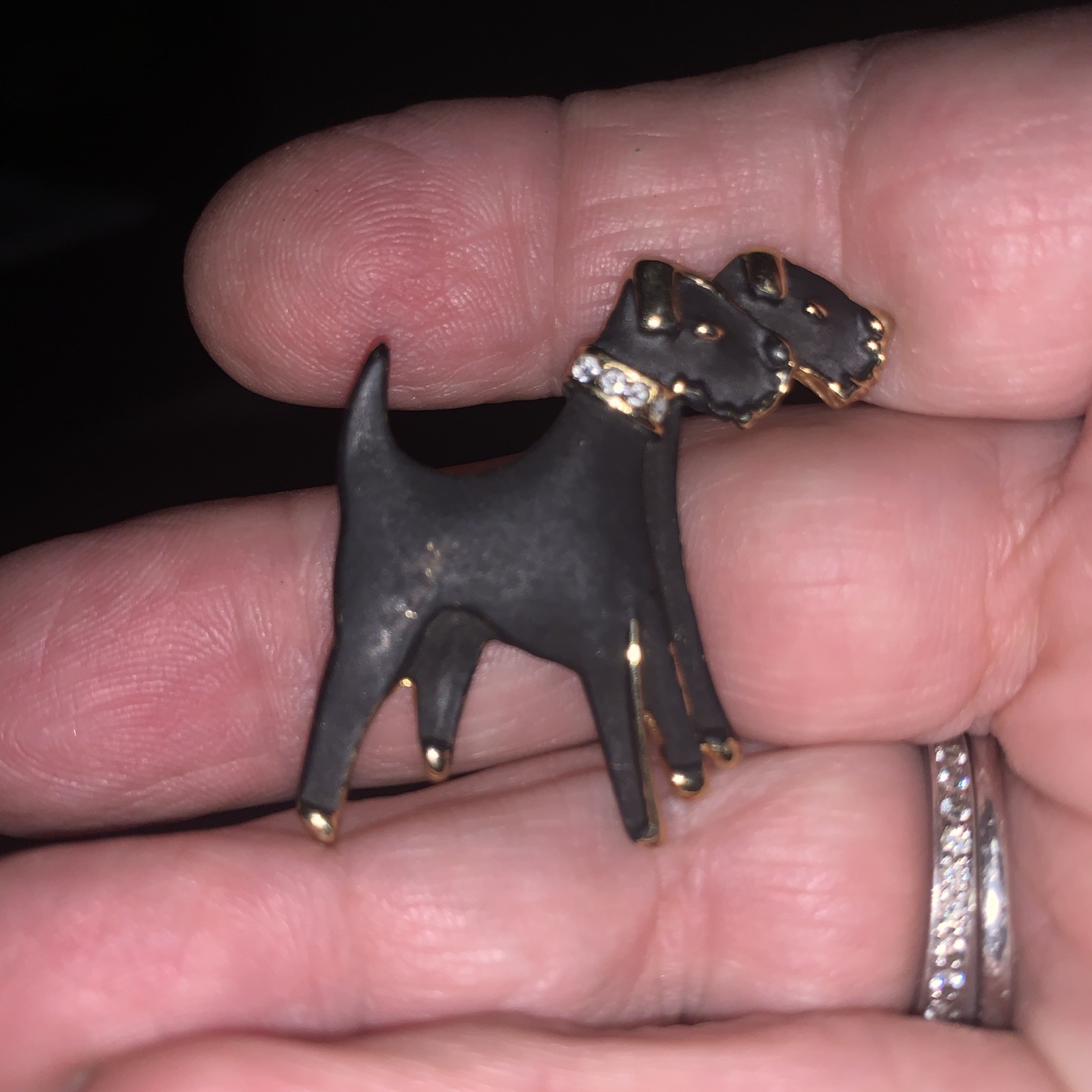 Vtg Giovanni Airedale Terrier Brooch Pin Black Gold Enamel Rhinestones Collar