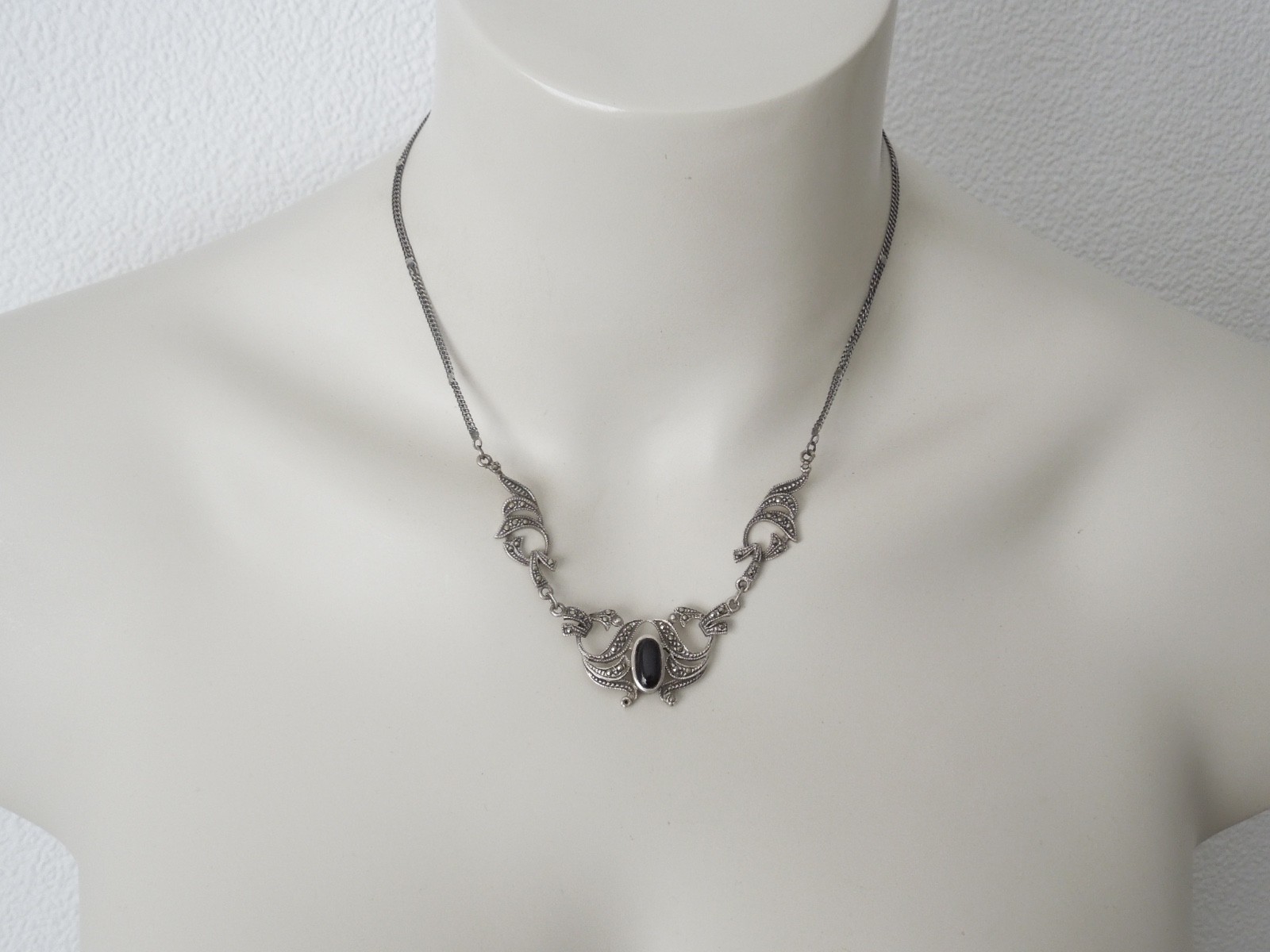 925 Silver Necklace Collar With Markasites Onyx Black Vintage 13.0 G/45 Cm