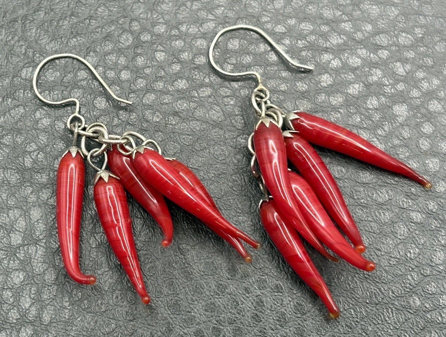 Vintage Red Chili Pepper Blown Glass Dangle Drop Earrings Silver Tone