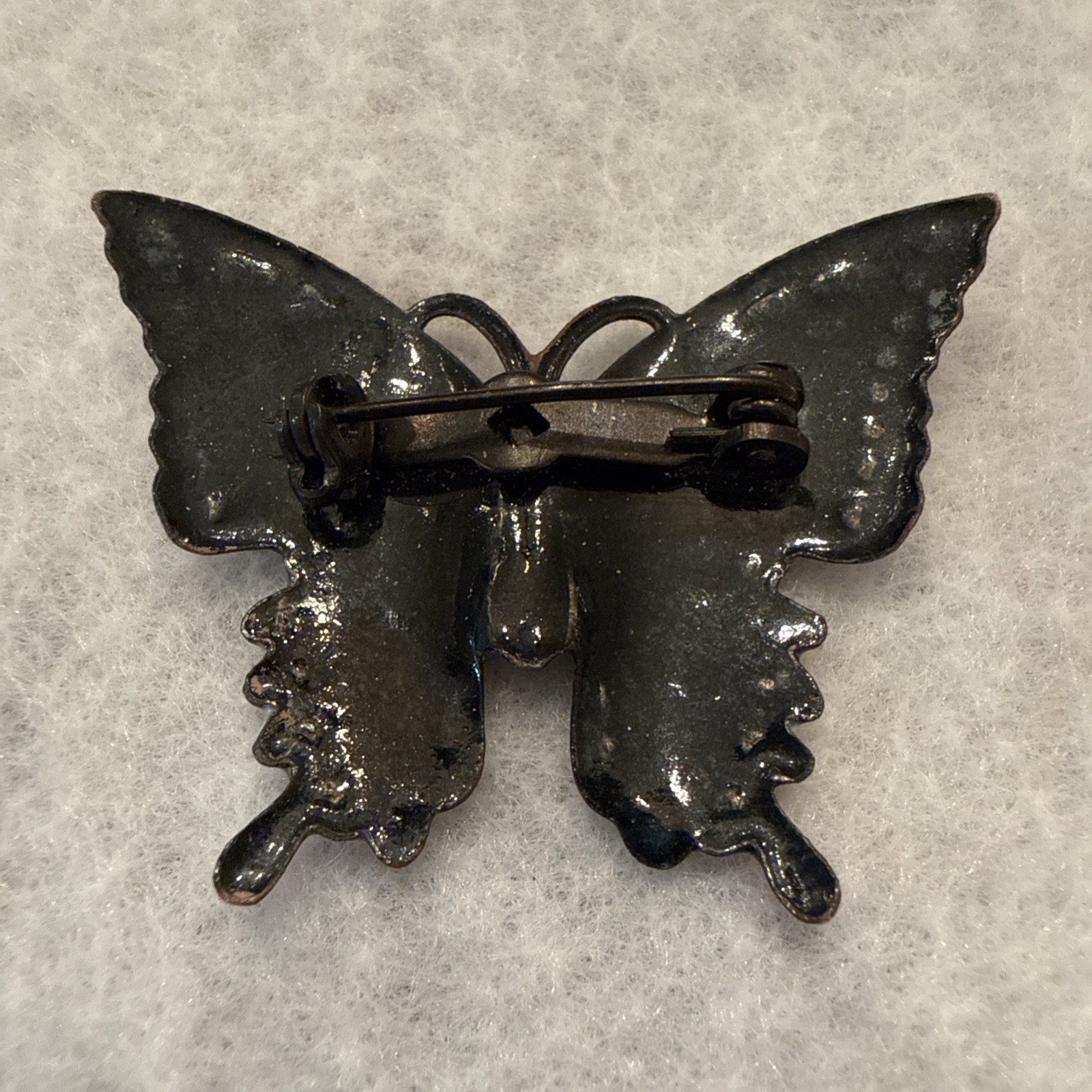 Vintage Copper Metal Finish Enamel Butterfly Pin Blue and White