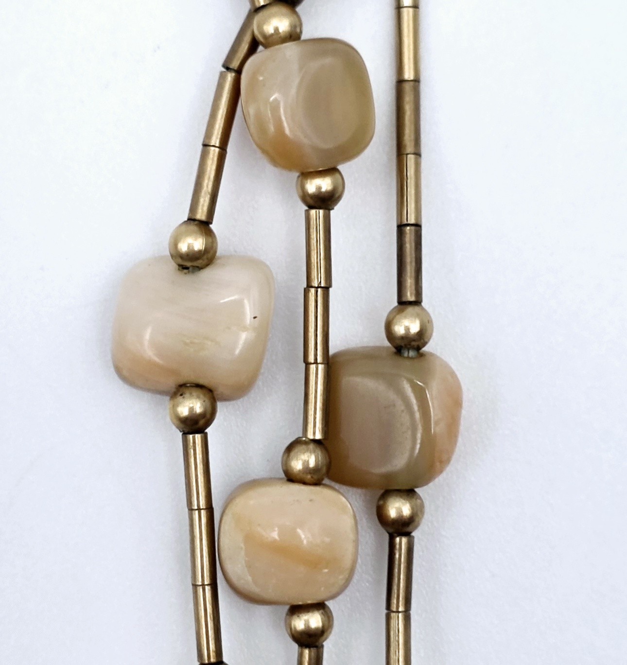 Vintage 3 Strand Liquid Gold Tone Necklace Abalone Mother of Pearl Agate Hook