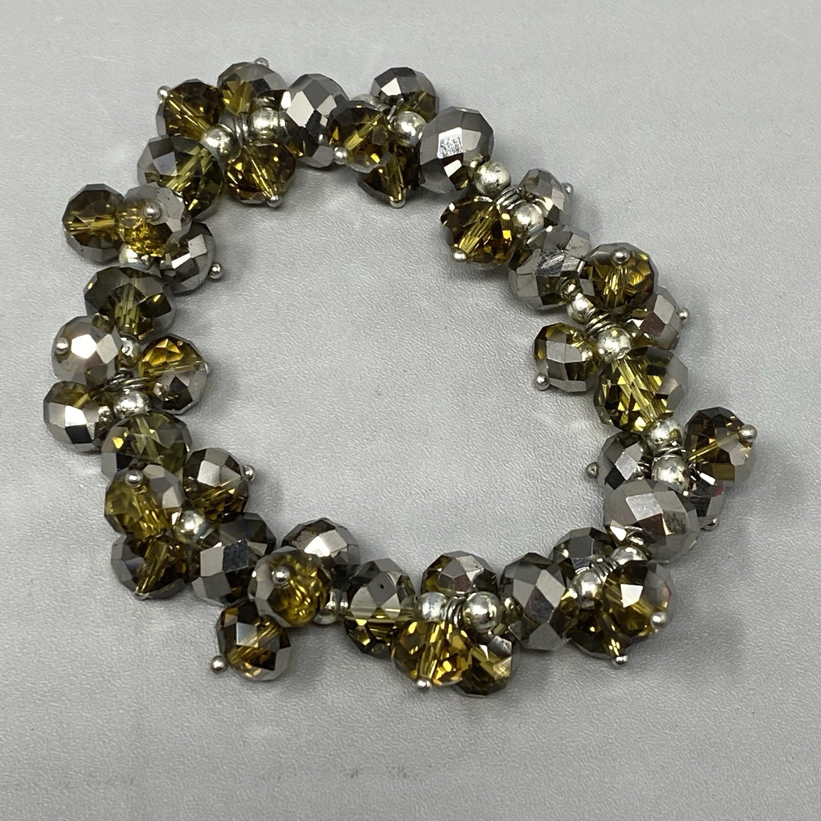 Silver Gold Glass Bead Cluster Bracelet Stretch Fire Polished AB Coated Retro