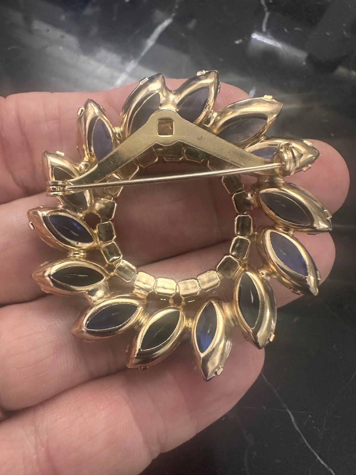 Vintage Flower Aurora Borealis Rhinestones Gold Tone Brooch Pin-1950s