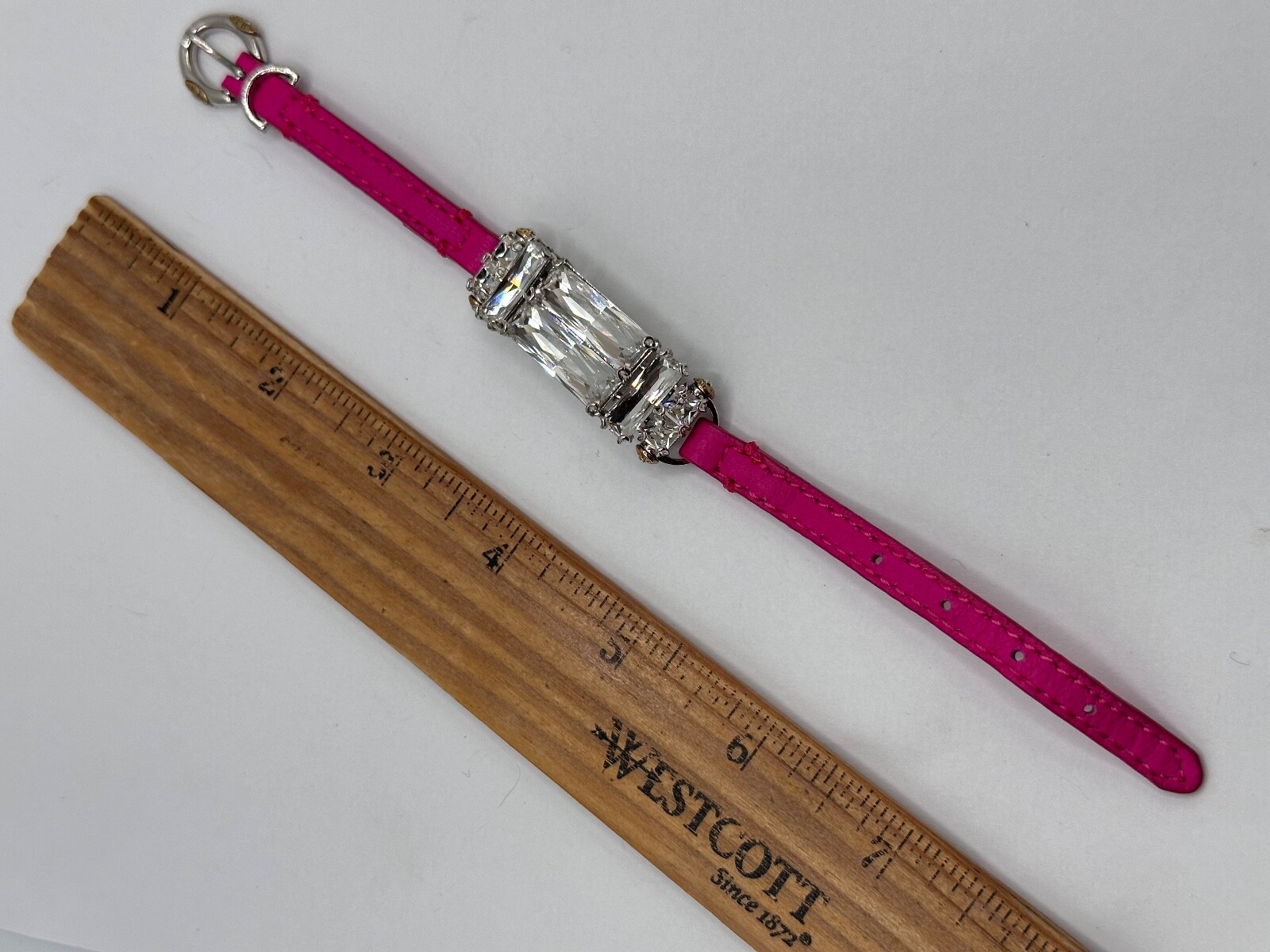GOLD SILVER PLATED CRYSTAL FUCHSIA PINK SKIN HENRI BENDEL SIGNED BUCKLE BRACELET