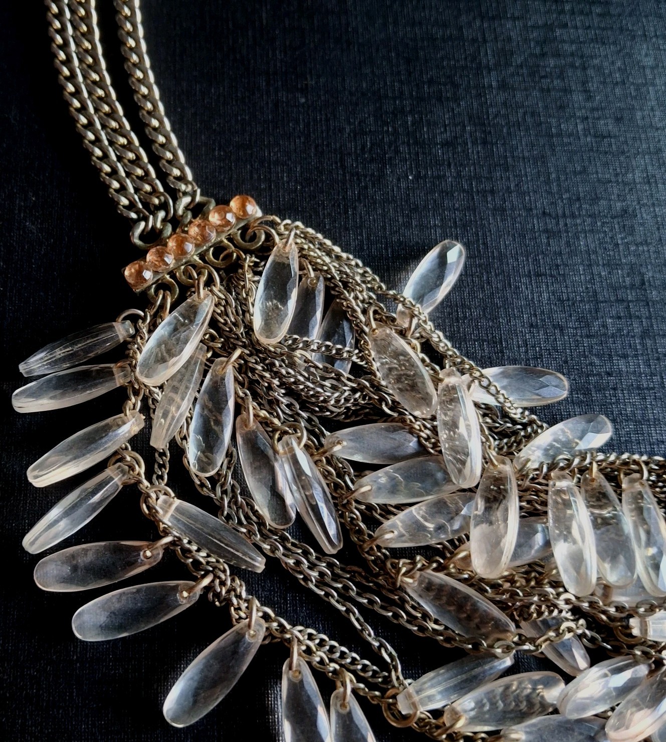 VTG Statement Bib Necklace Multi-Strand Fringe Featuring Clear Lucite Teardrops