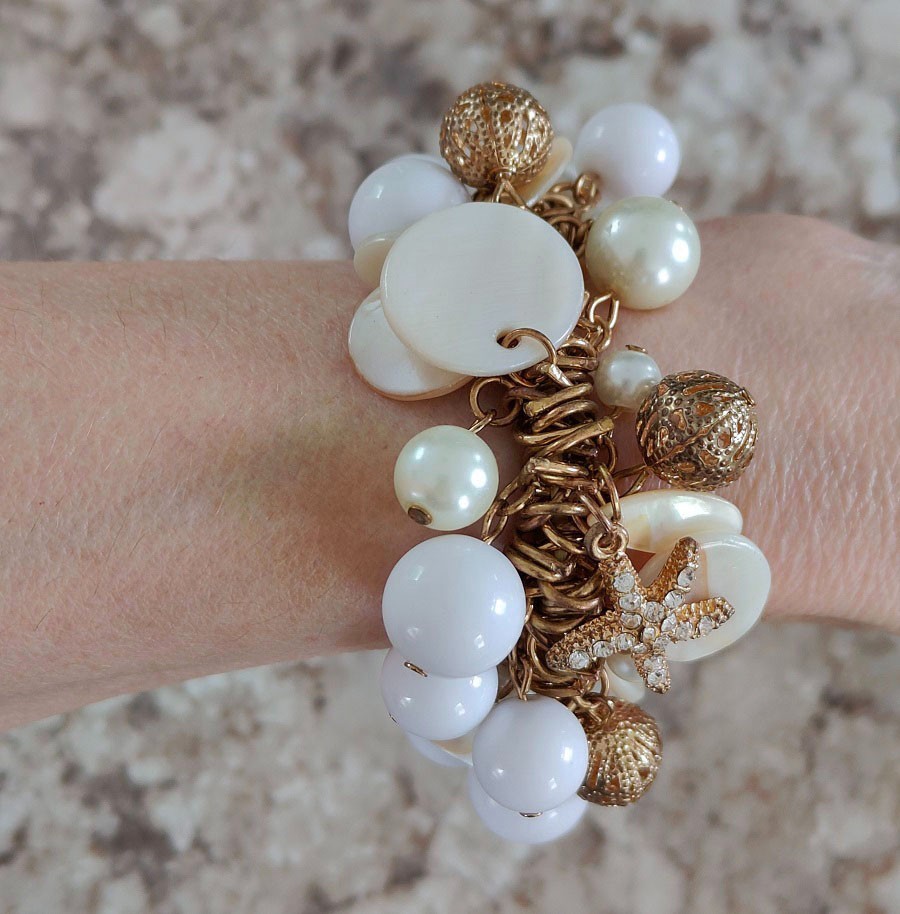 Gold Tone Statement Starfish Bracelet Nautical Pearls Beach Sea Life Chunky