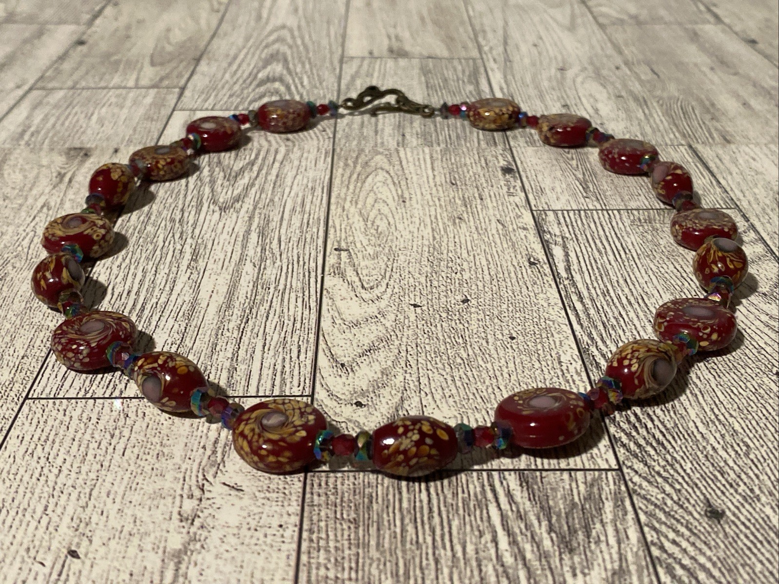 Vintage Red Millefiori Art Glass AB Iridescent Beaded Necklace Murano Style