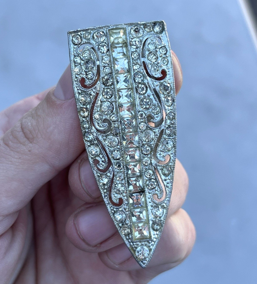 Antique Art Deco Brooch & Dress Shoe Fur Scarf Clip Clips Lot Silver Tone Clear