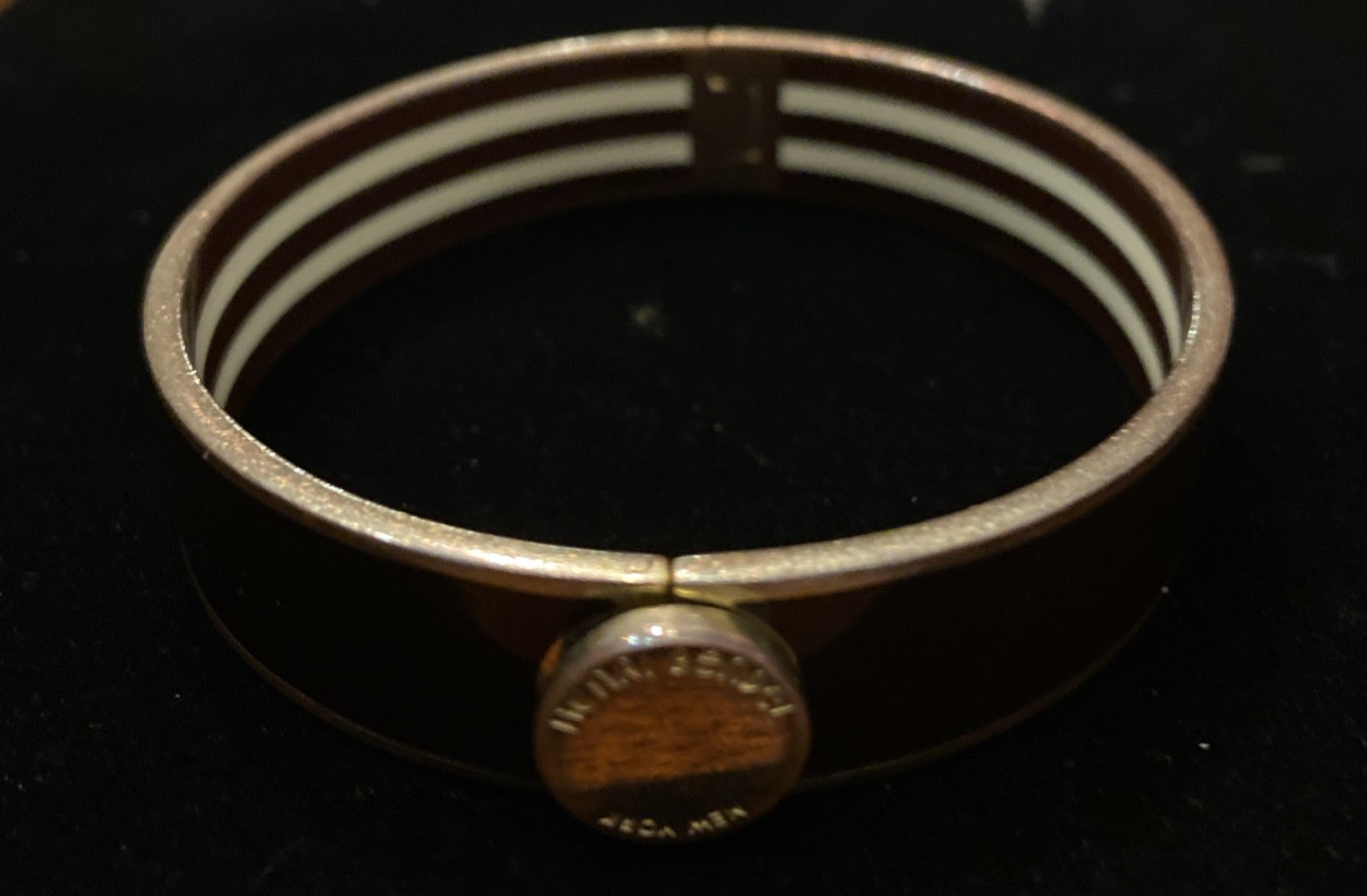 Classic HENRI BENDEL Chestnut Enamel Centennial Stripe Hinged BANGLE BRACELET