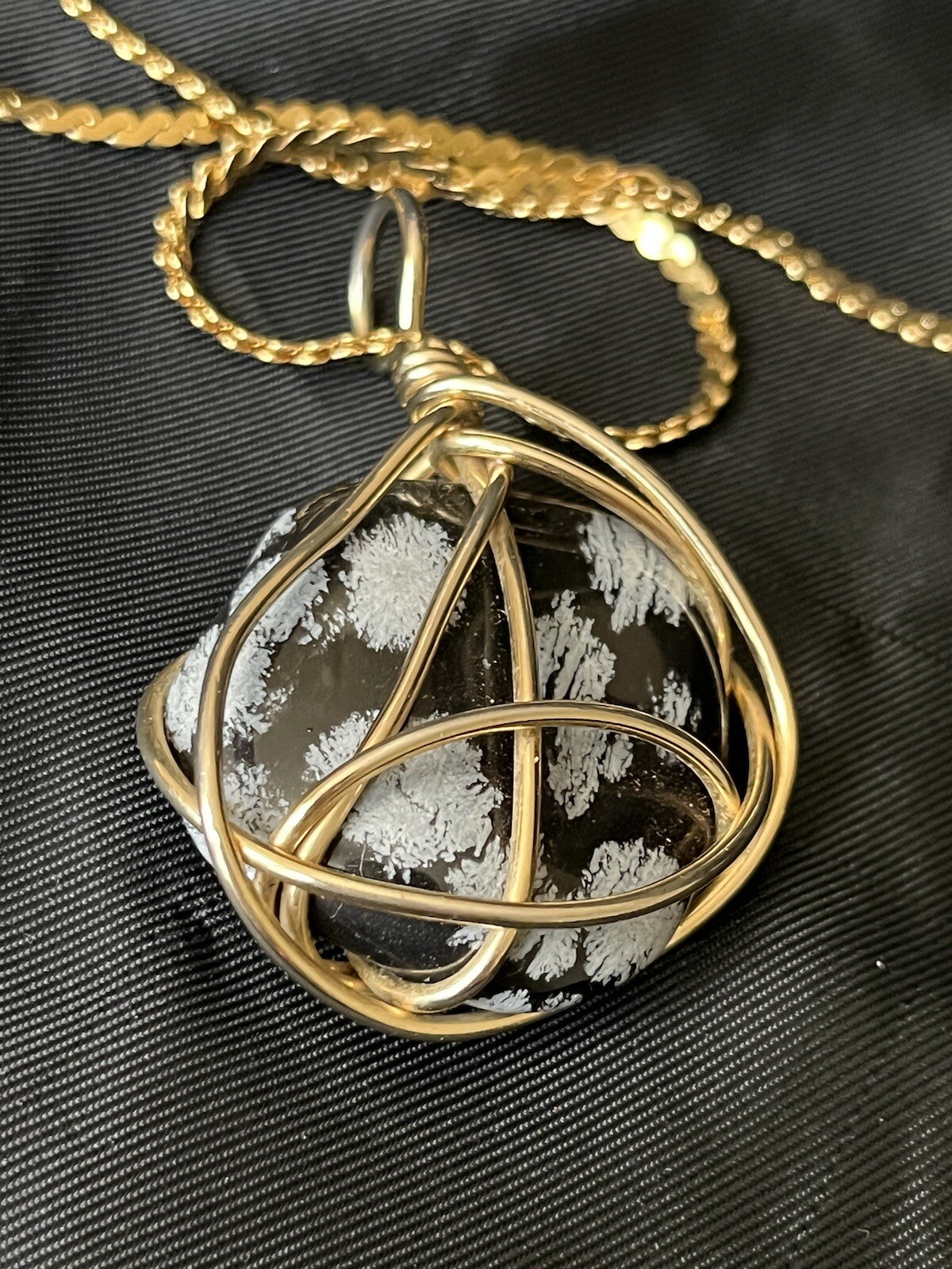 Vintage Polished Snowflake Obsidian Pendant Necklace Wire Wrapped Obsidian Stone