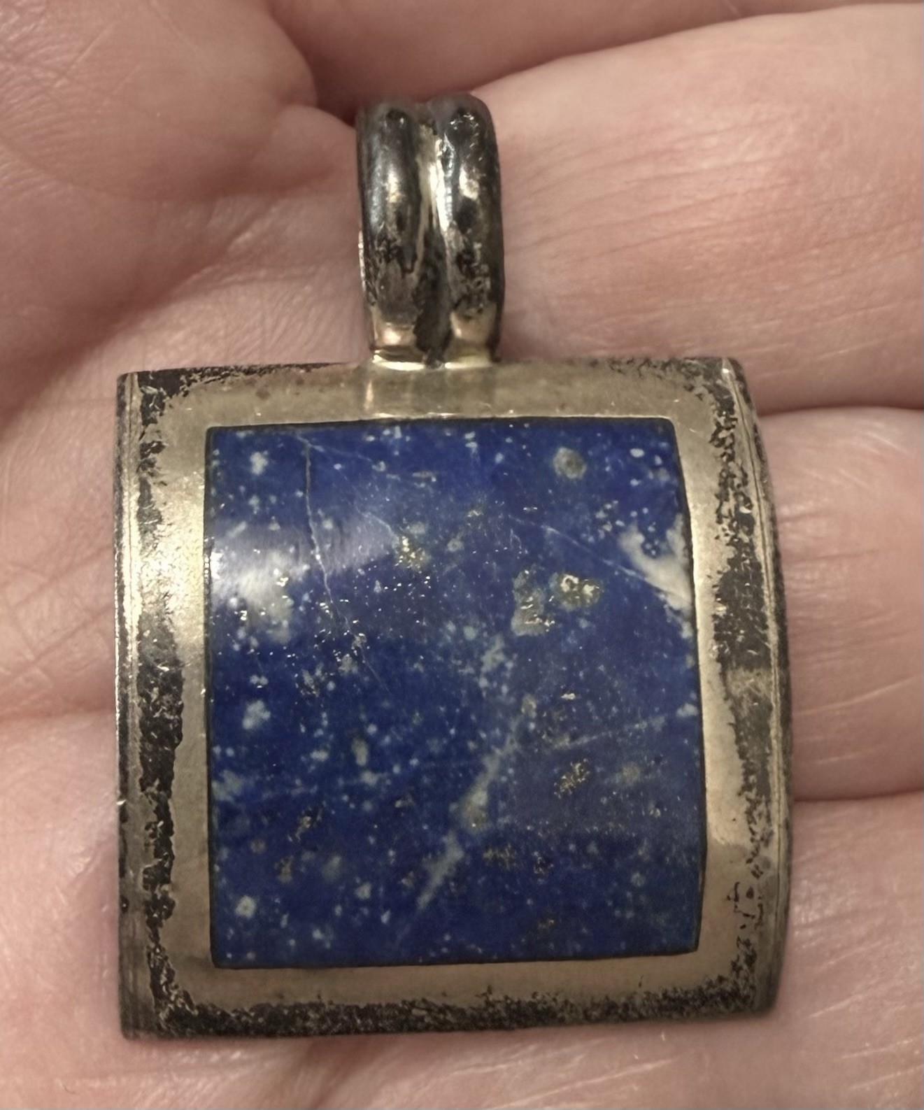 Vintage CHILE 980 Silver Domed Square Lapis Lazuli Pendant Stud Earrings Set 17g