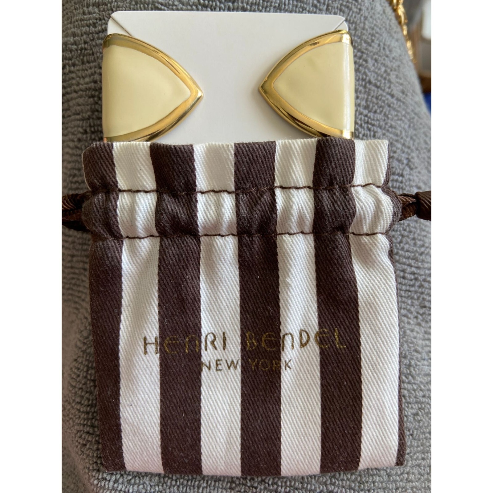 Vintage Monet Gold Tone & Cream Enamel Huggie Earrings from Henri Bendel w/ Bag