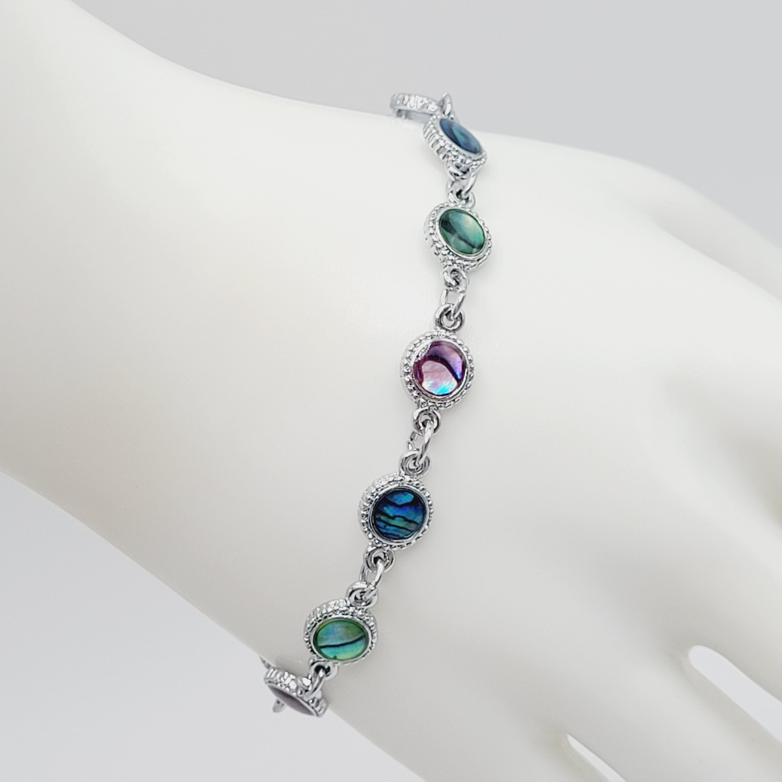Signed SJ Colorful Paua Abalone Shell Silver Tone Link Vintage Bracelet 7.25 in