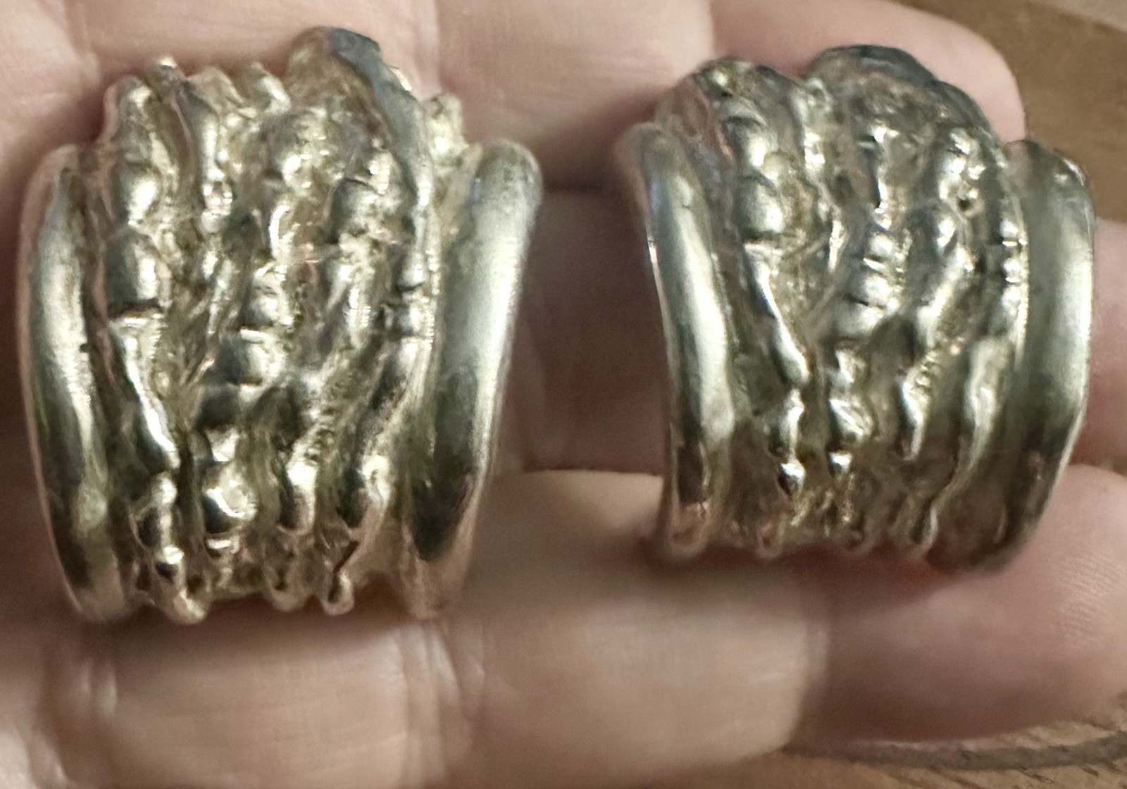 Large Vintage Modernist/Brutalist Pierced Earrings Molten Silver Half Hoop LOOK!