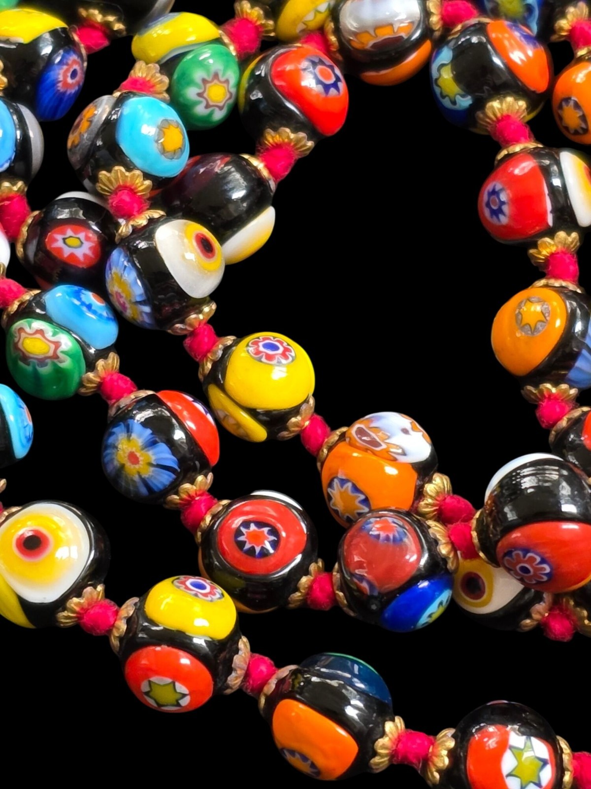 Vintage Multi Color Murano Millefiori Venetian Art Glass Round Beads Hand Knot