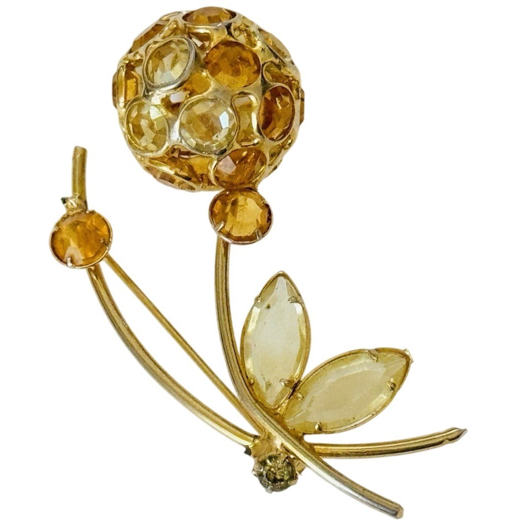 60s Yellow poppy Flower pin Brooch VTG Crystal Bezel Retro Mid Century jeweled