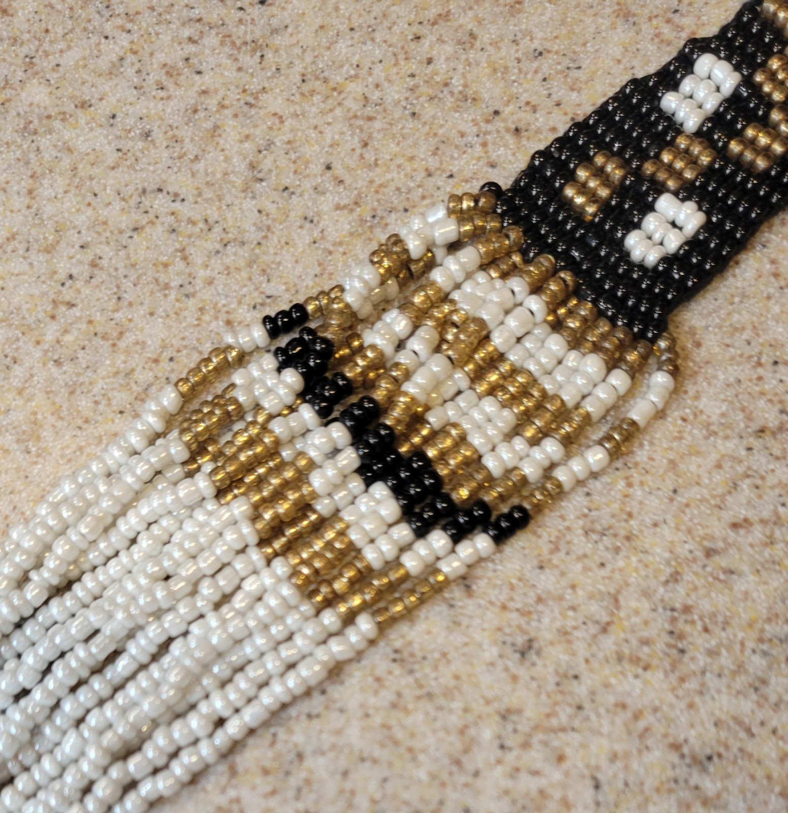 Vintage 16 Strand Black White Gold Seed Beads 22in Beaded Necklace 3in Extender