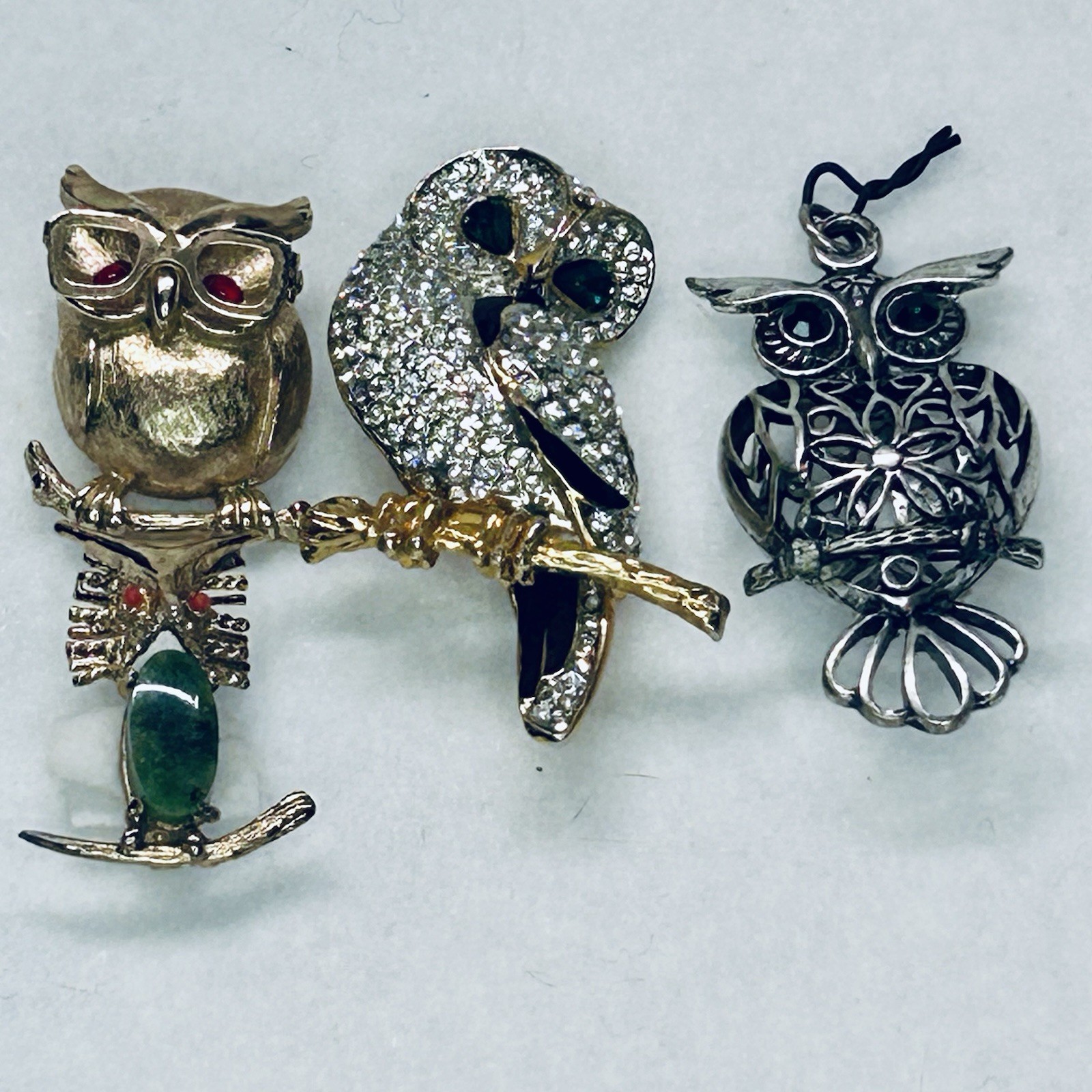 Lot of 3 Vintage Owl Figural Brooches 1 Owl Pendant Sarah Coventry, Sterling AC