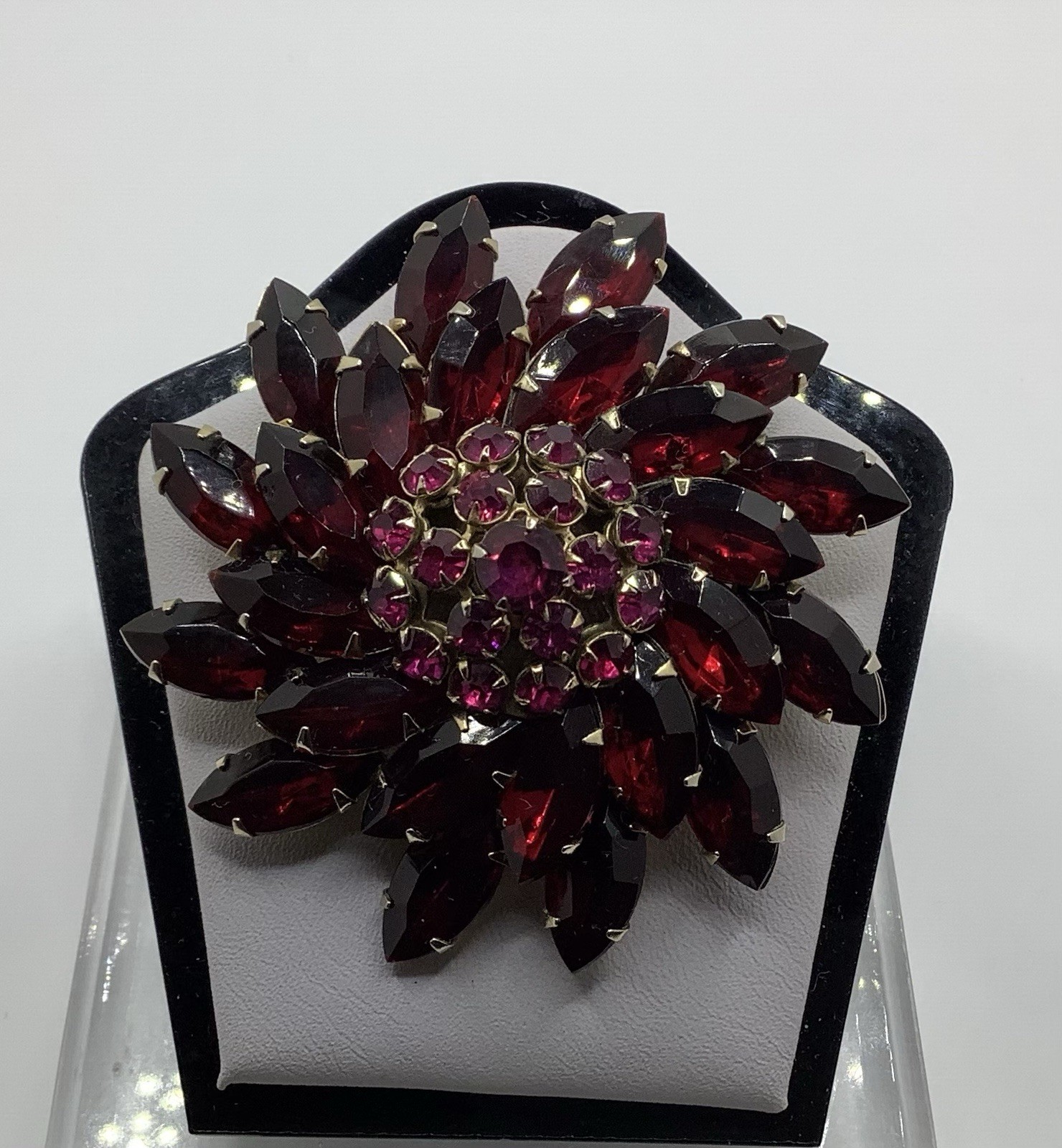 Vintage Gold Tone Riveted Fuchsia & Red Navette Rhinestone Swirl Flower Brooch