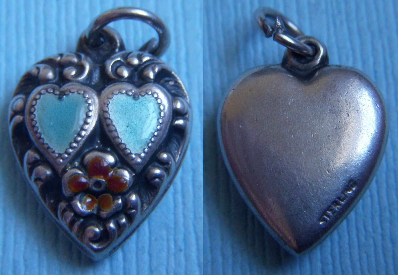 Vintage enamel hearts and flower puffy heart sterling charm
