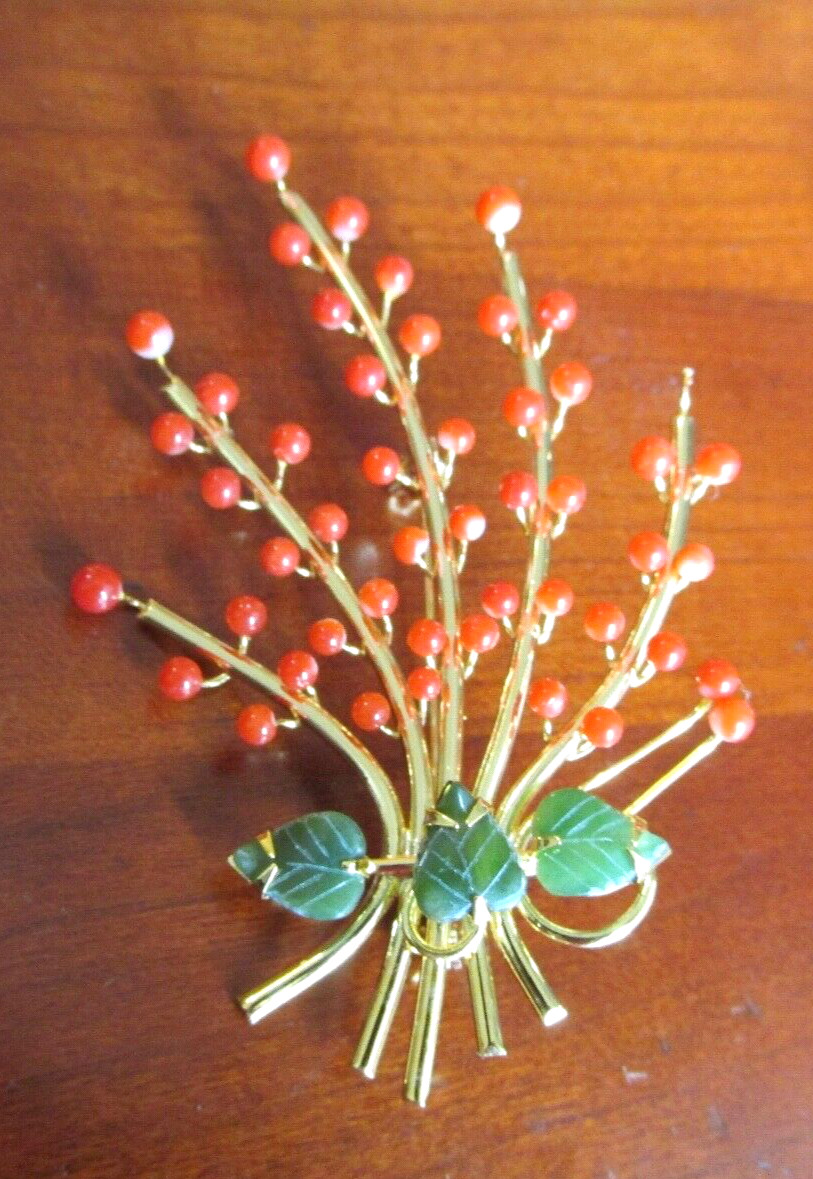 Vintage Genuine Coral Beads on Flower Branch w/ Jade Leaves Pin Brooch