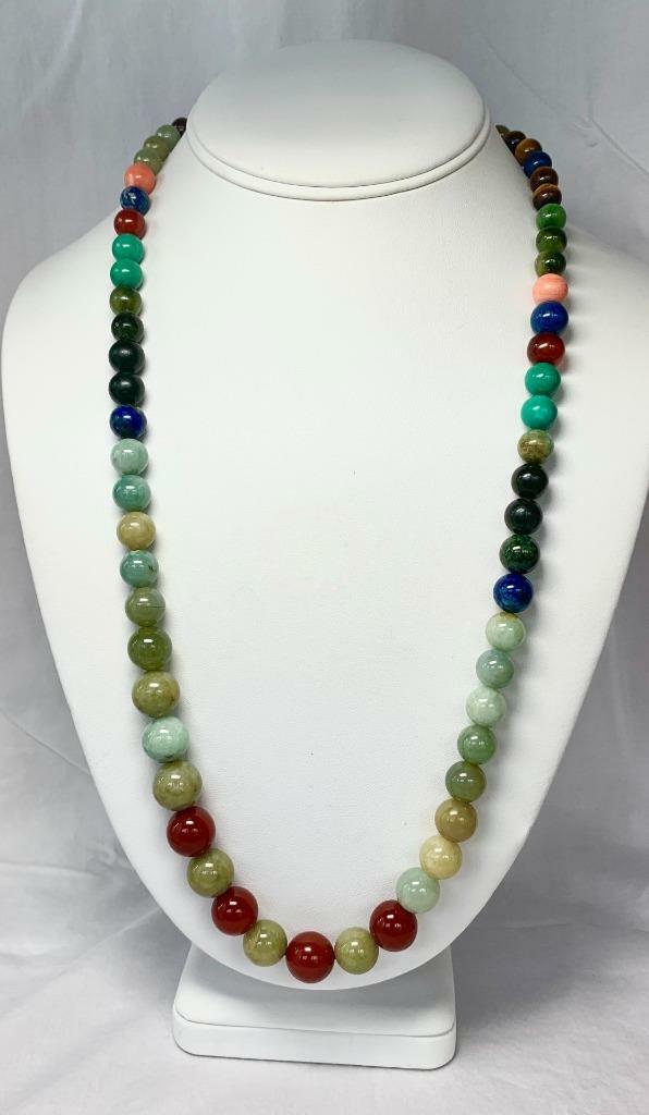 Jade Carnelian Lapis Malachite Tiger’s Eye 14 Karat Gold Necklace Dog Clip Clasp