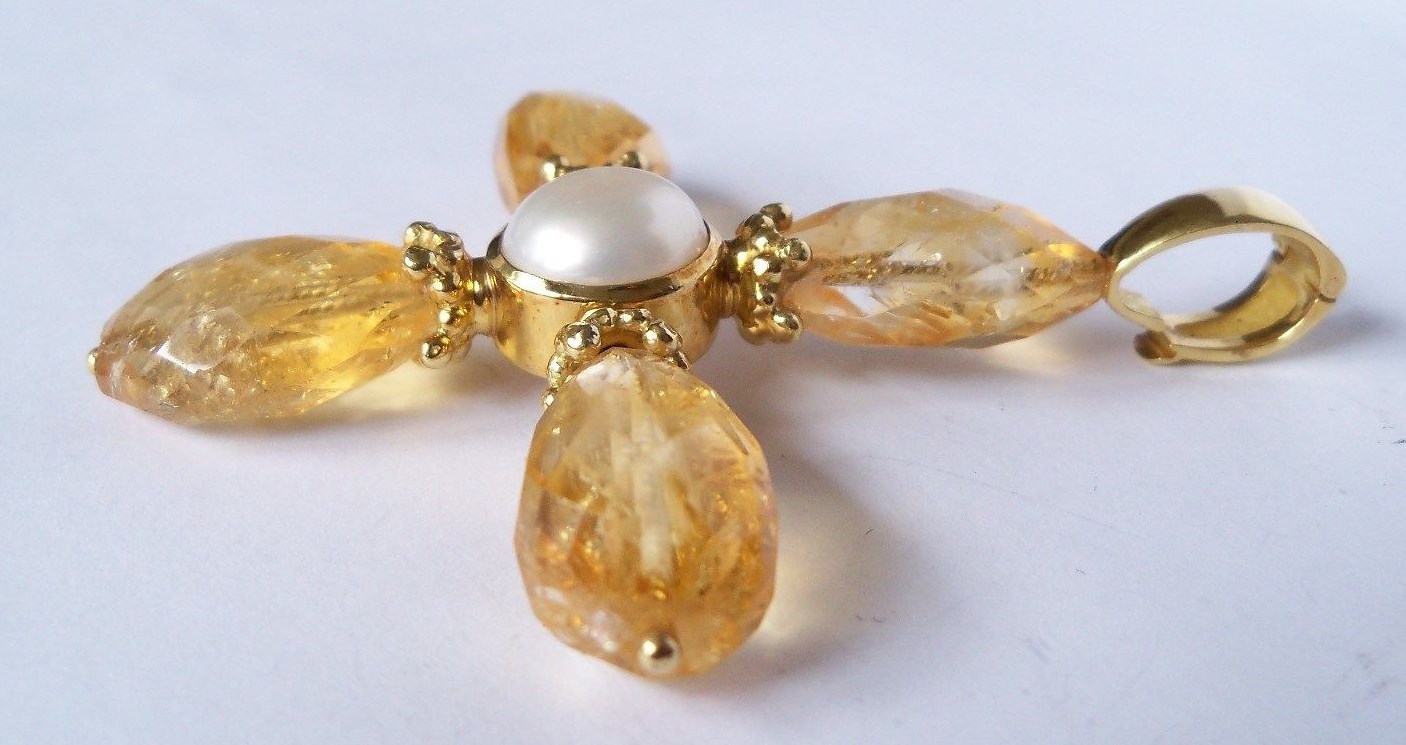 Vintage Mazza MAZ 18k Gold Citrine Pearl Cross Pendant Large Signed 21.4g