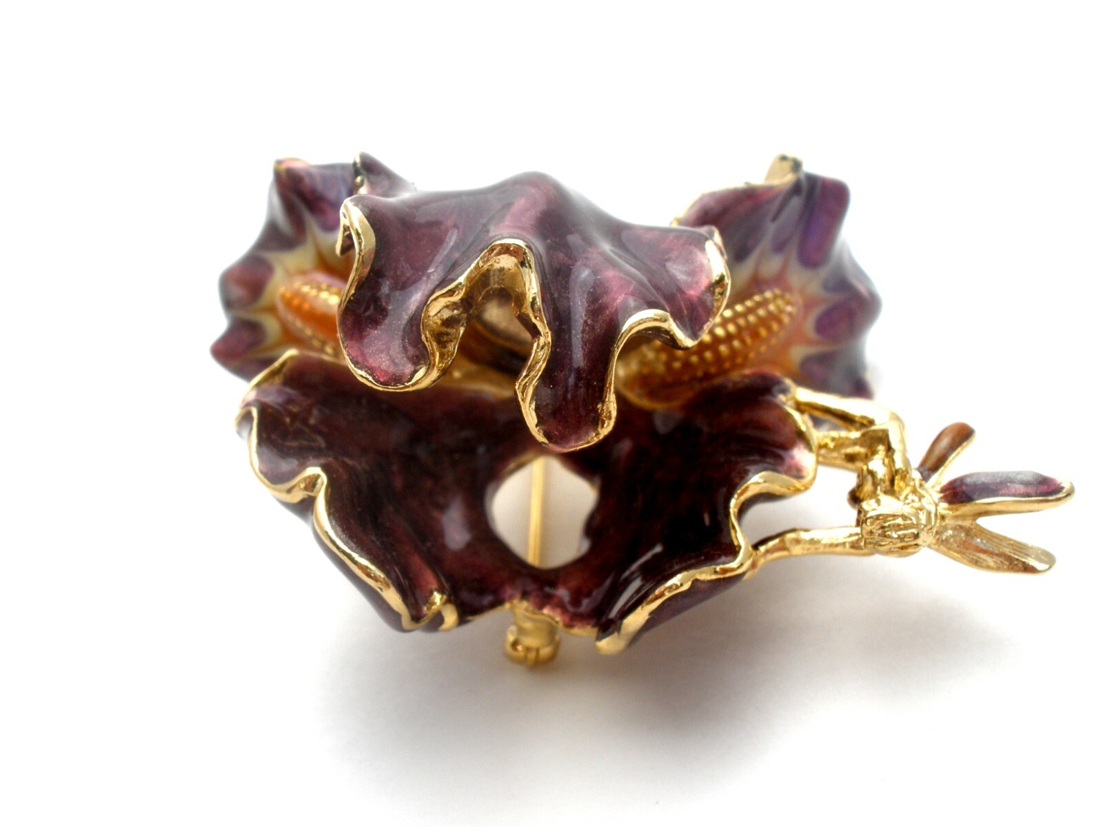 Kirks Folly Signed Brooch Purple Iris Enamel Orchid Pin With Golden Fairy