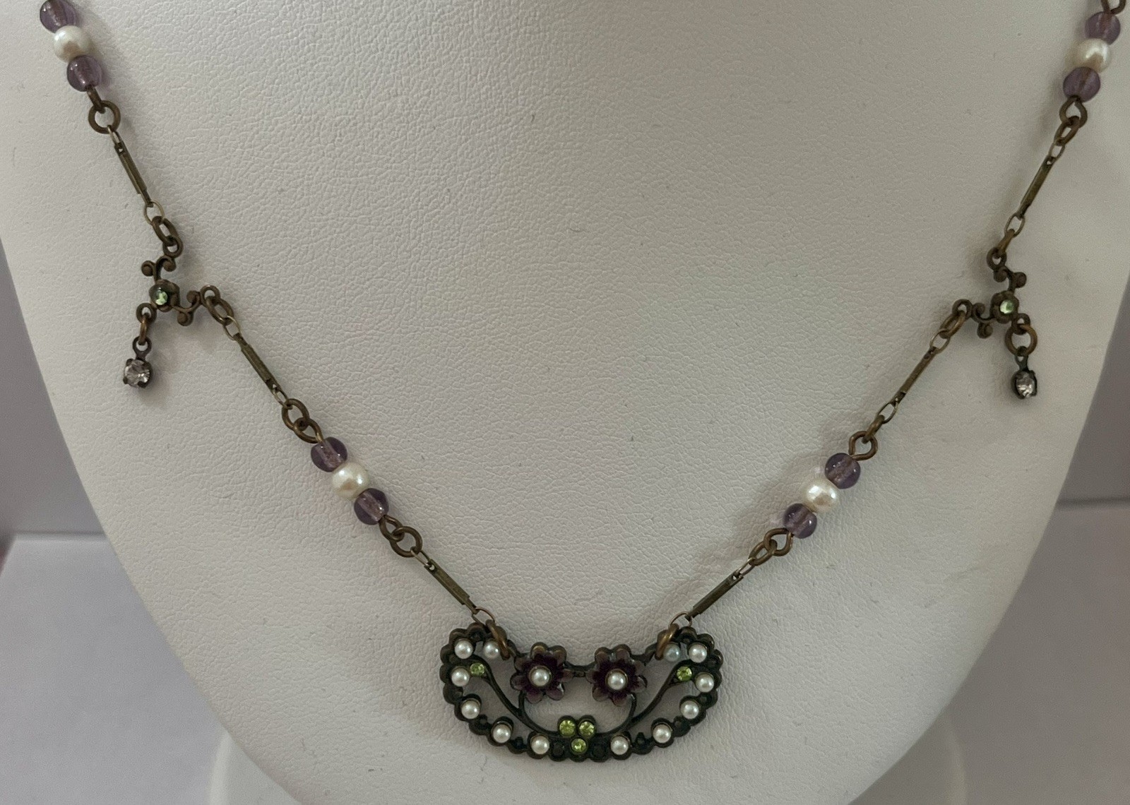 Glass Works Studio Signed Necklace Vintage Hang Tag Flowers Enamel Faux Pearl