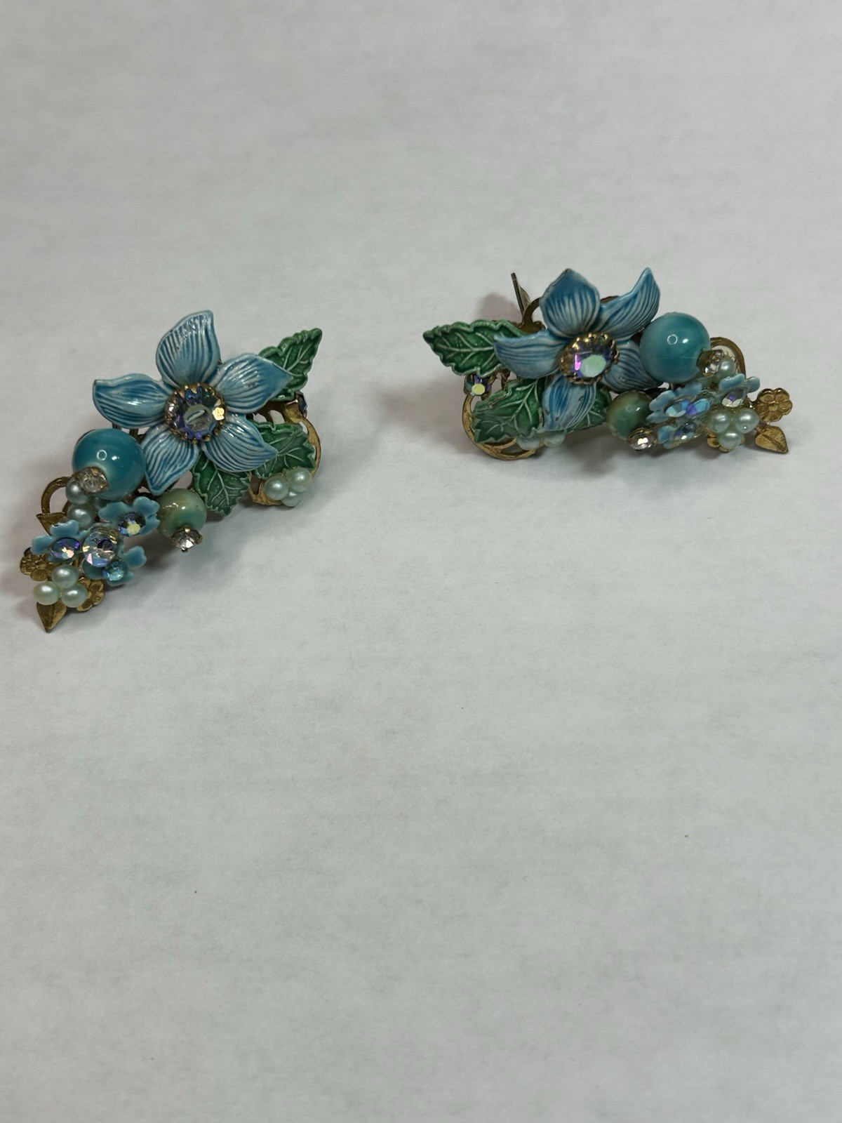 Miriam Haskell Lever Back Clip Earrings Blue Enamel AB Stones & Sim Pearls RARE!