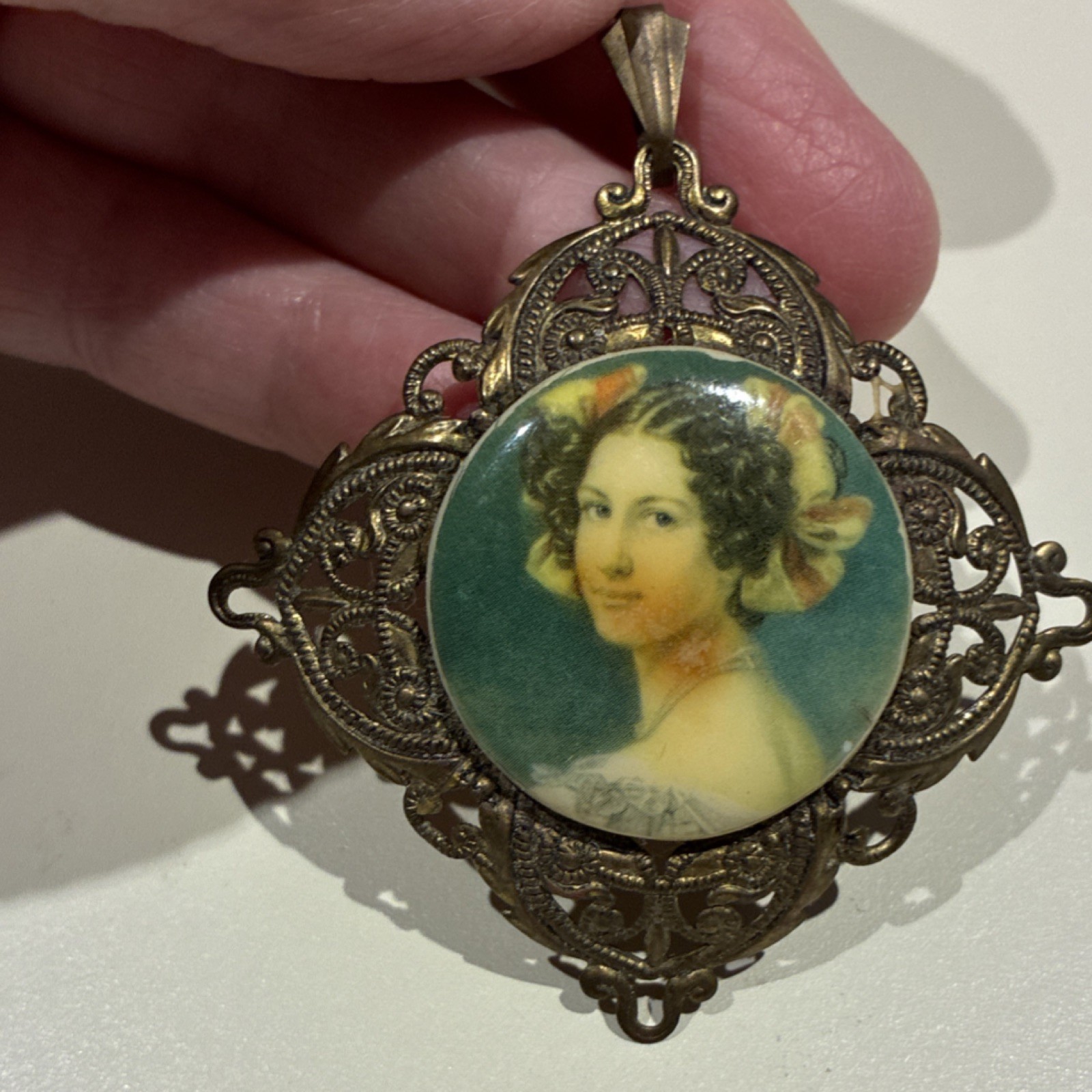 Vintage Brass Filigree Oval Portrait Pendant Gold Tone Art Beauty