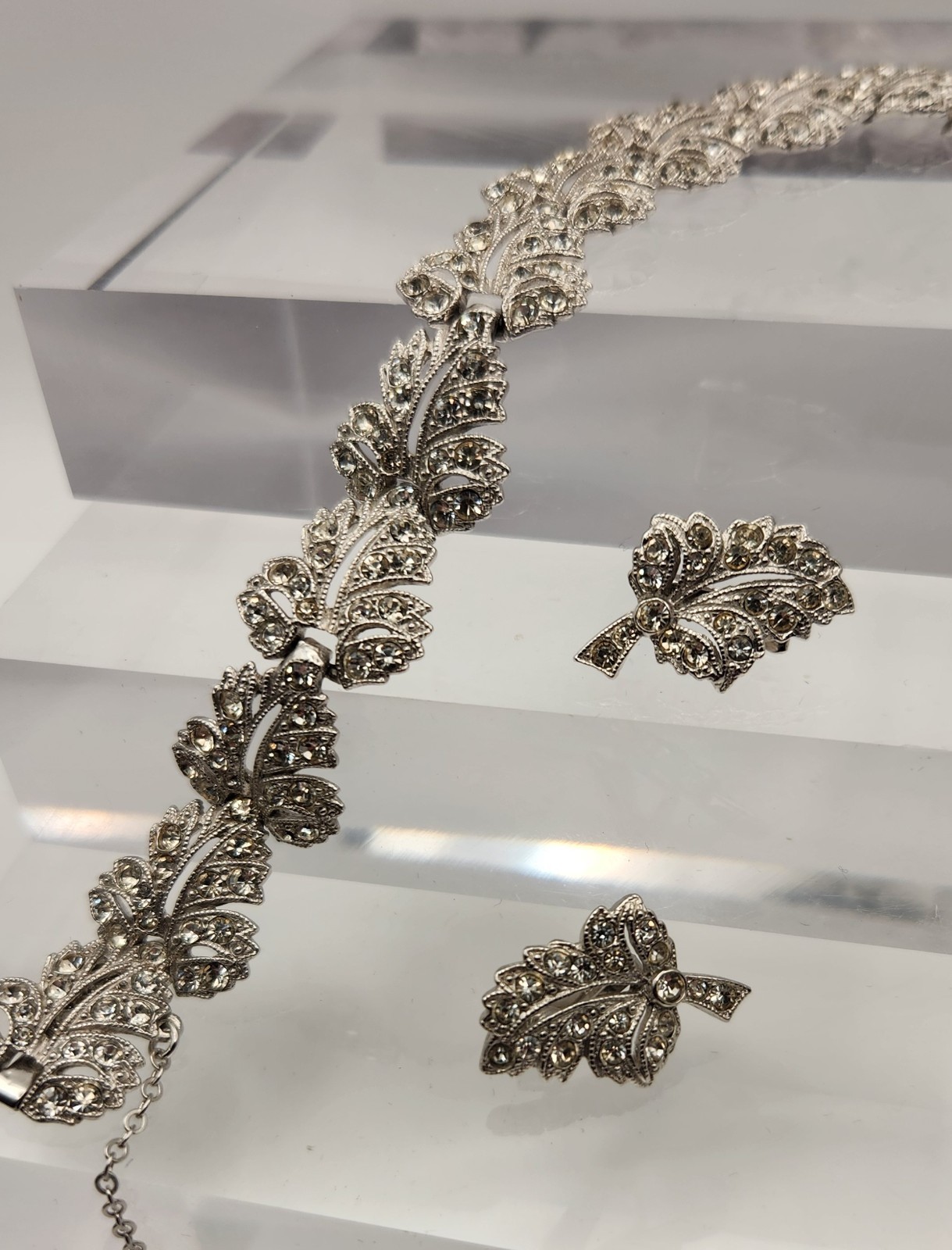 Vintage ORA Rhinestone Bracelet Clip Earrings Set Signed Silver Tone Bridal Glam