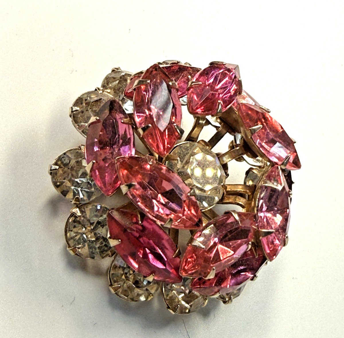Vintage Pink Navette Rhinestone Domed Brooch Mid Century Gold Tone