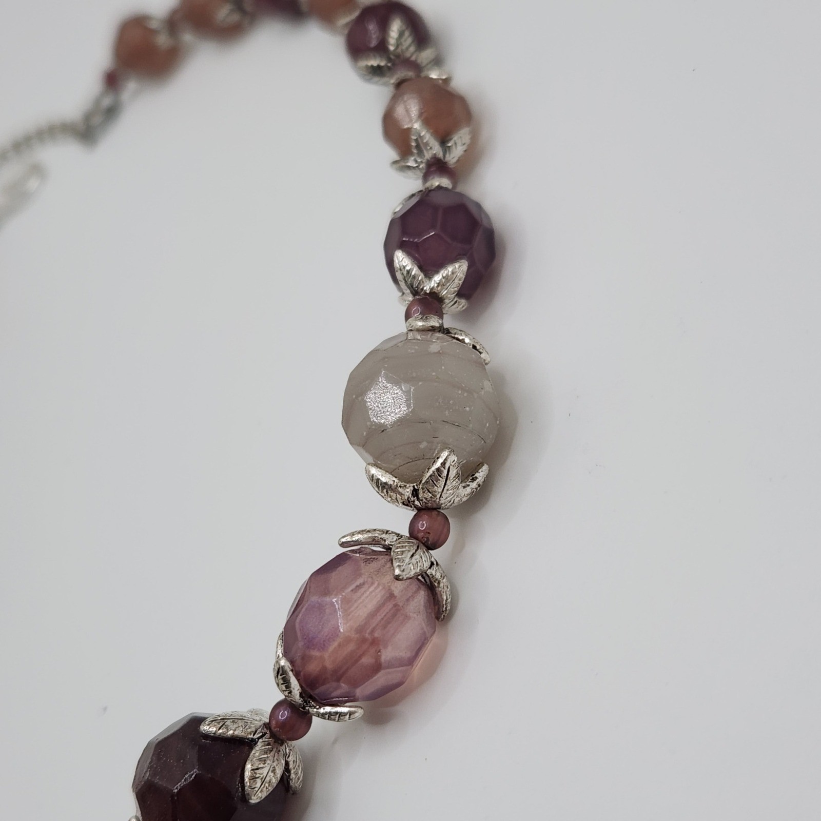 Monet Vintage Faceted Bead Necklace Pink Mauve Plum Silver Leaf Boho Earthy