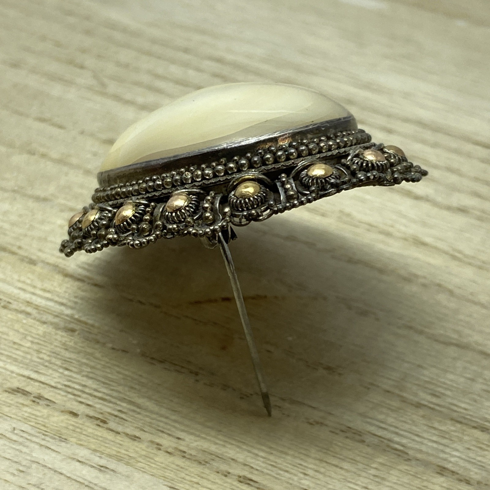 Large Mother Of Pearl Brooch Set In Sterling And Gold Filled Accents
