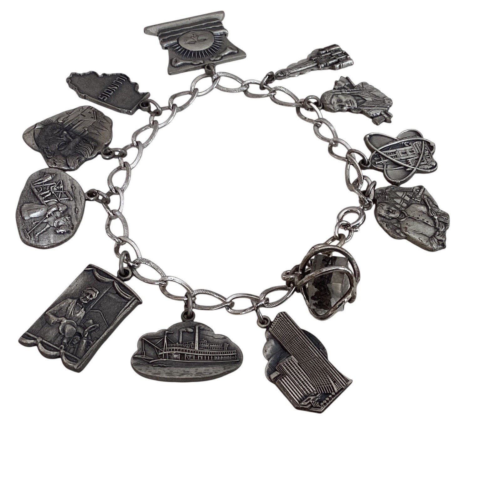 Sterling Silver Historic Illinois Charm Bracelet Lincoln Heartland Chicago 44g