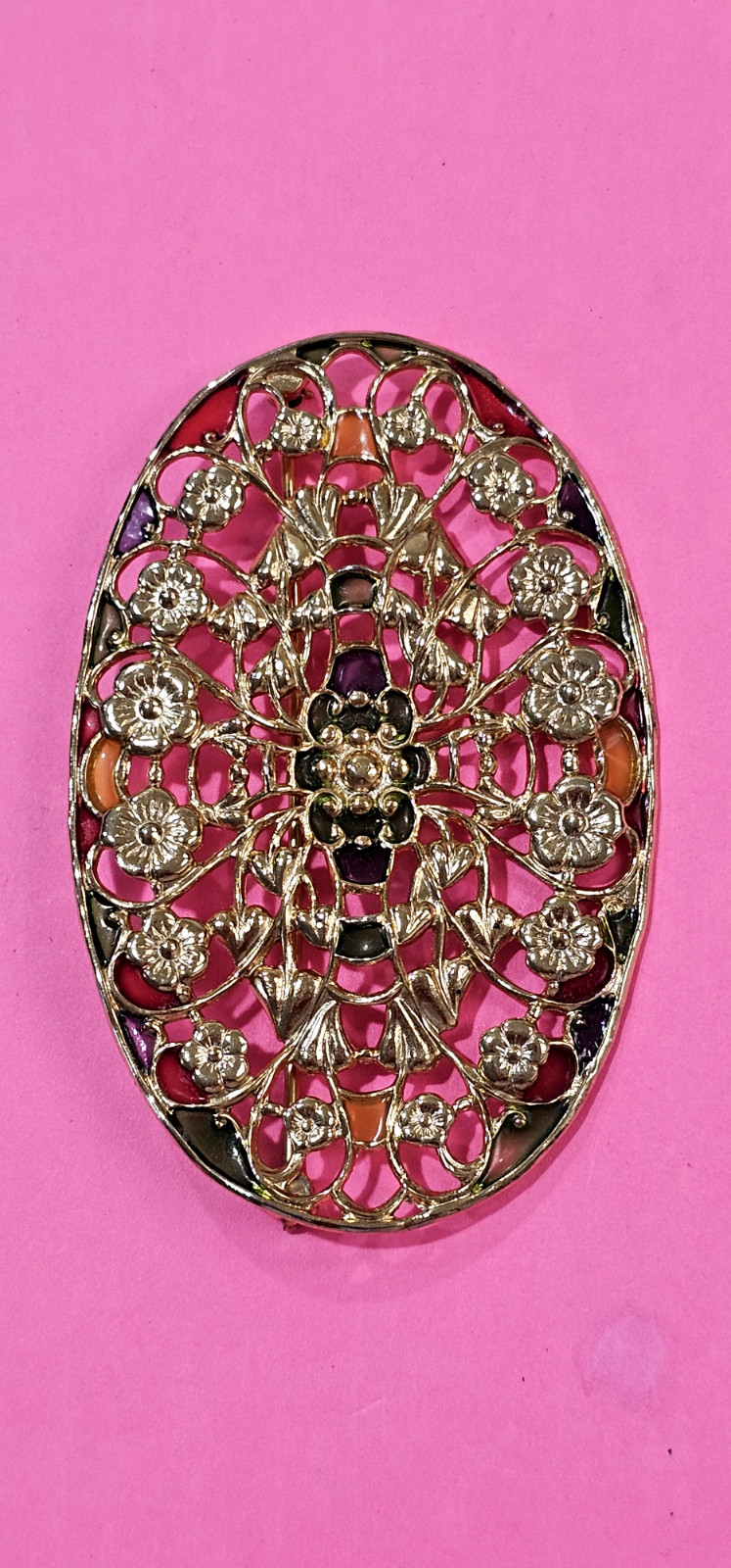 VINTAGE NAPIER broach gold tone red & green enamel almost 2” by 3” oval shape
