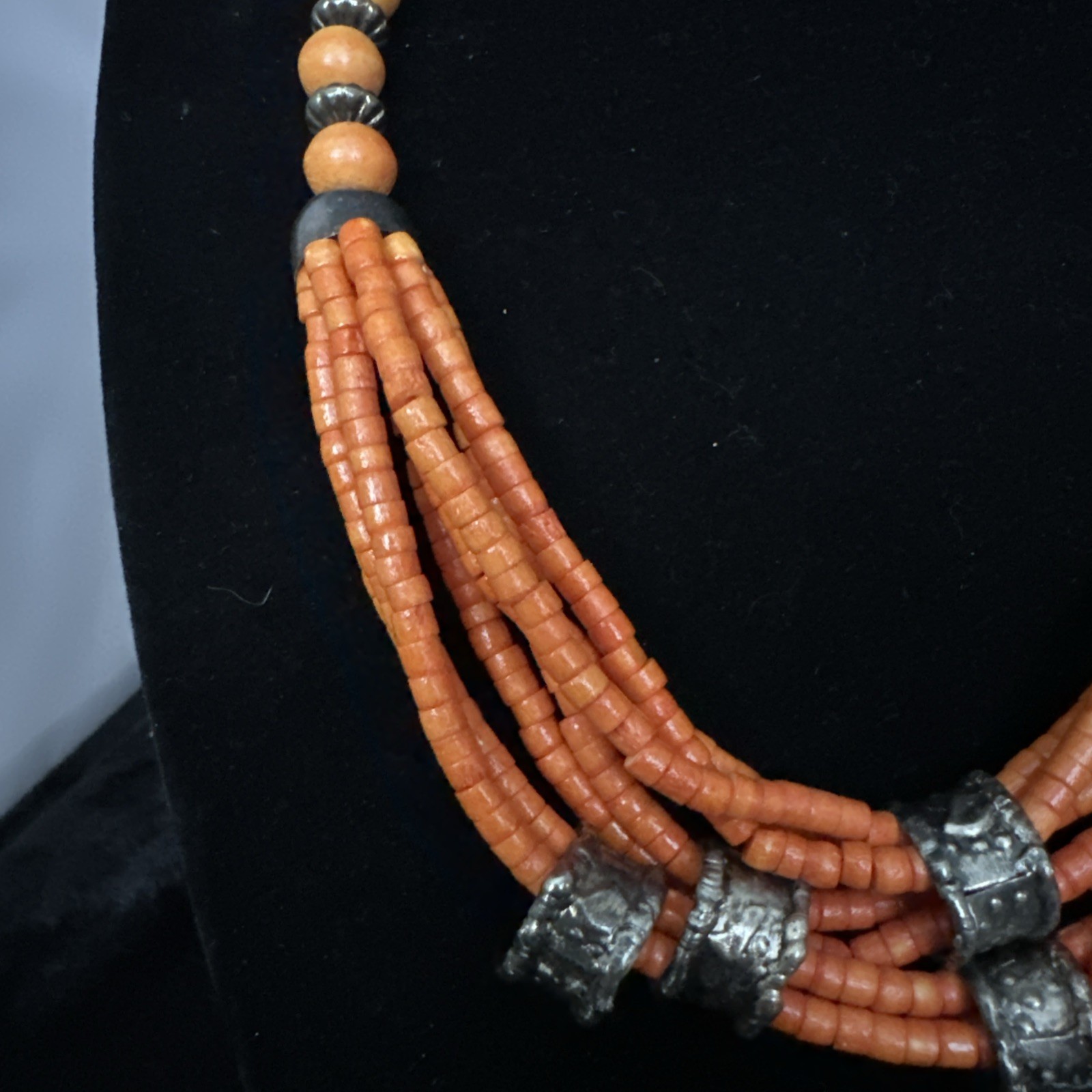 Vintage Orange And Silver Beaded Statement Necklace