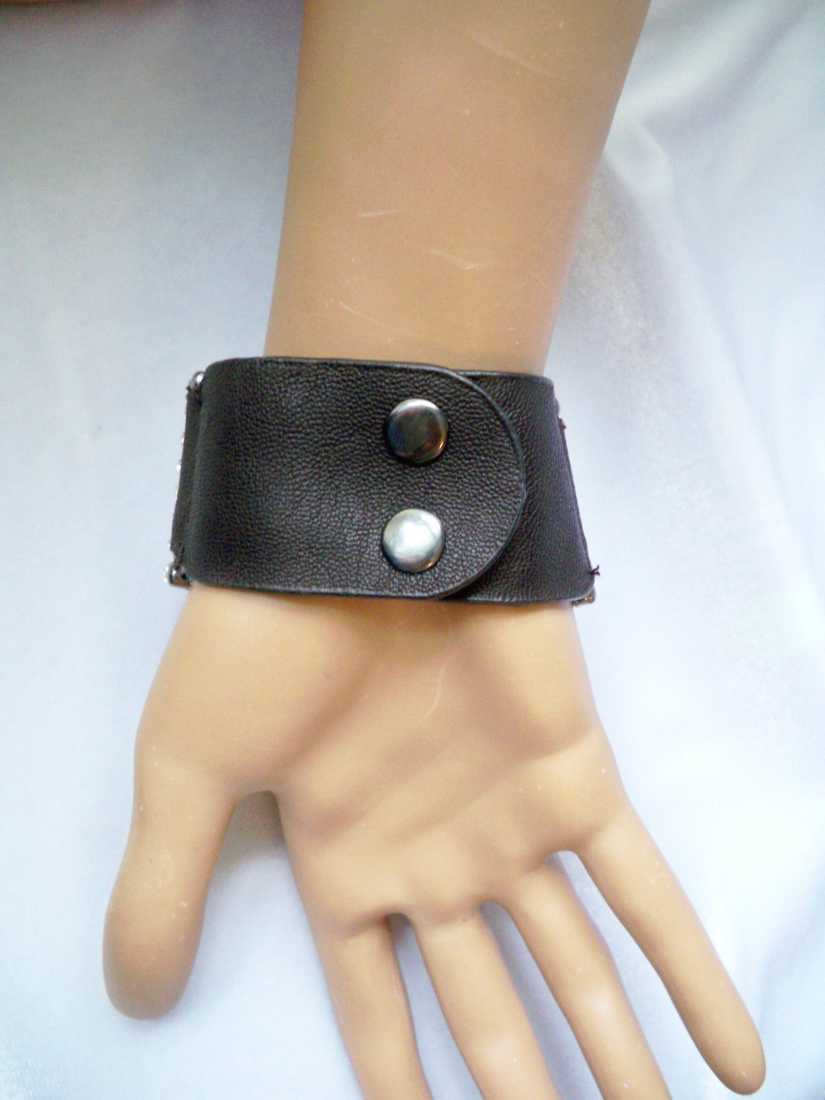Wide 8 Row Pave Set Crystal Rhinestone & Black Faux Leather Snap Bracelet