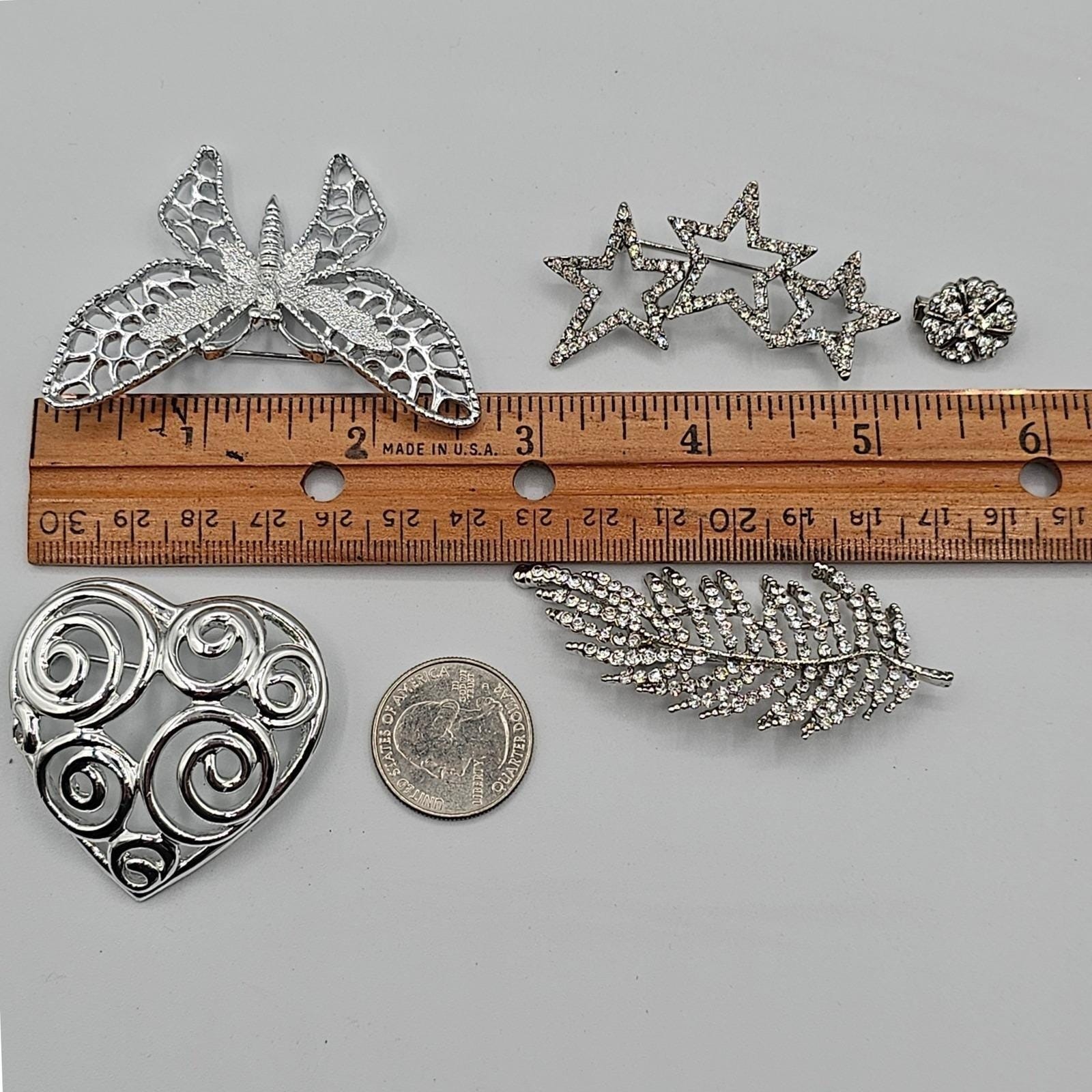 Vtg Silver Tone Brooch Pin Lot Butterfly Stars Heart Feather Rhinestone Sparkle