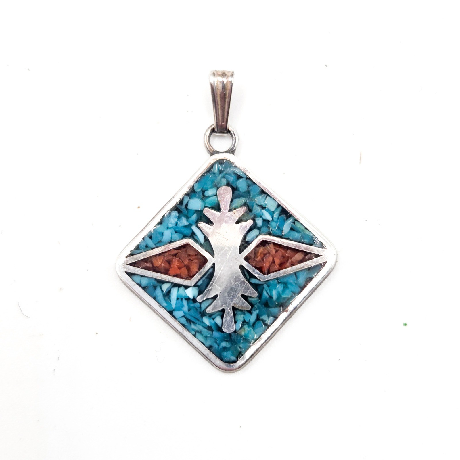 Vintage Sterling Silver 925 Thunderbird Chip Inlay Turquoise Coral Pendant