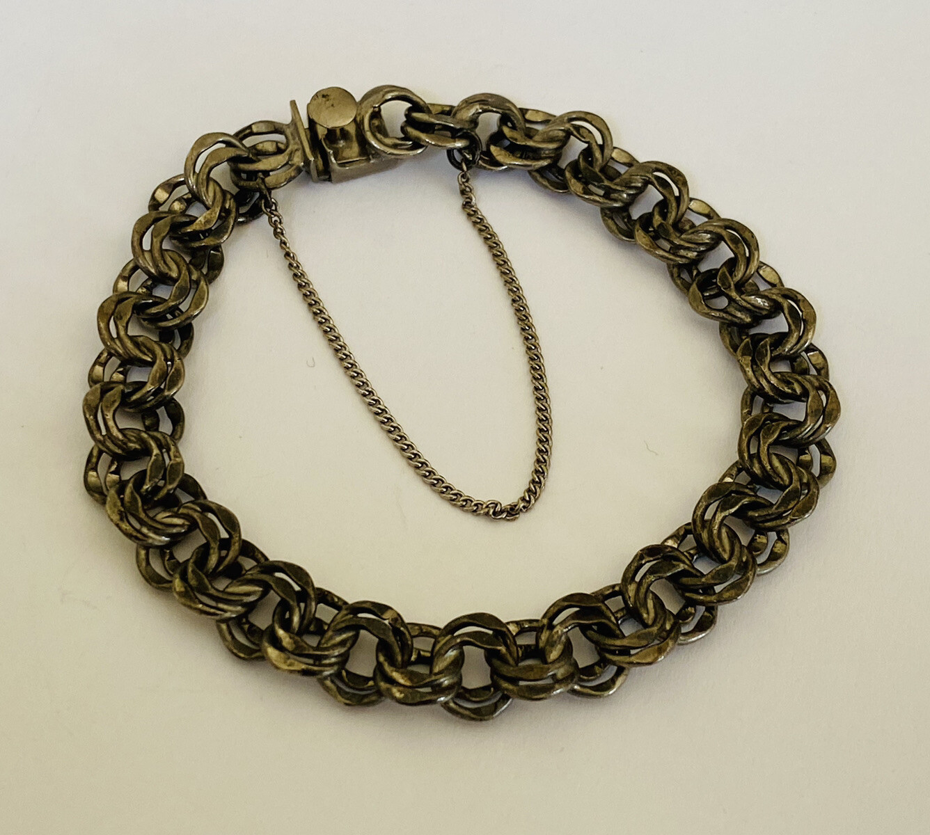 Vintage Signed sterling Silver Double Rolo Link Chain Charm Bracelet 19-Grams