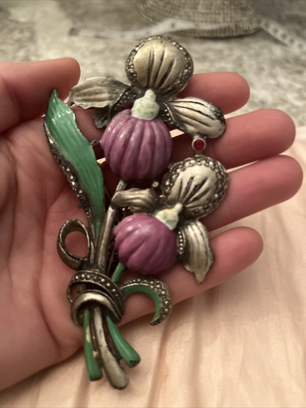 antique pin Flower Enamel Paint Rhinestone Marcasite Metal 4.25” brooch large
