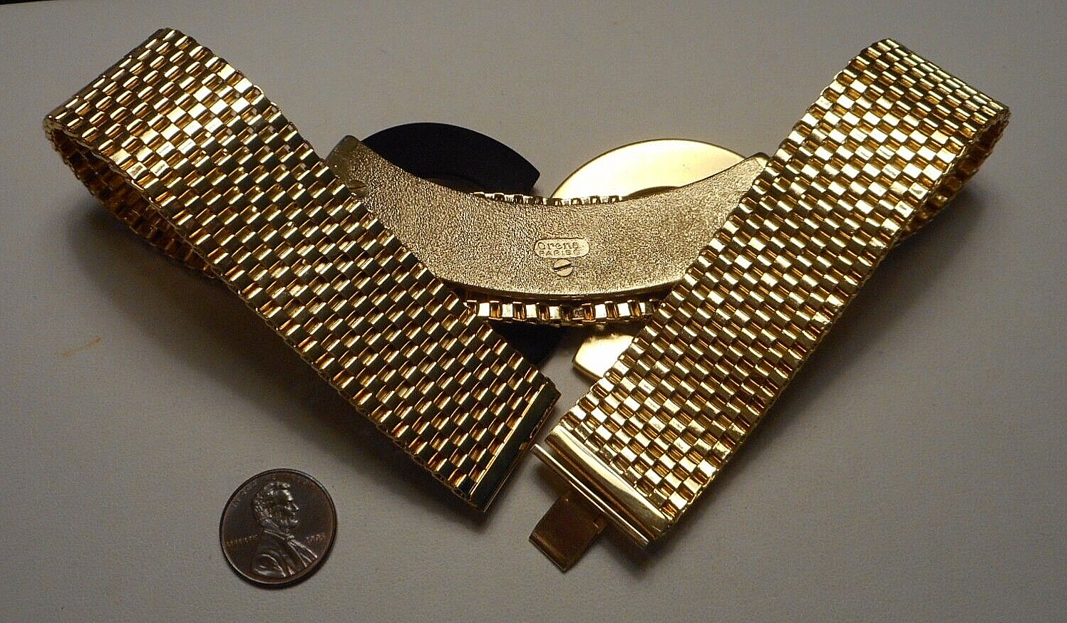 Vintage Orena Paris French Wide Woven Gold-tone Link Collar Necklace w Mod Motif
