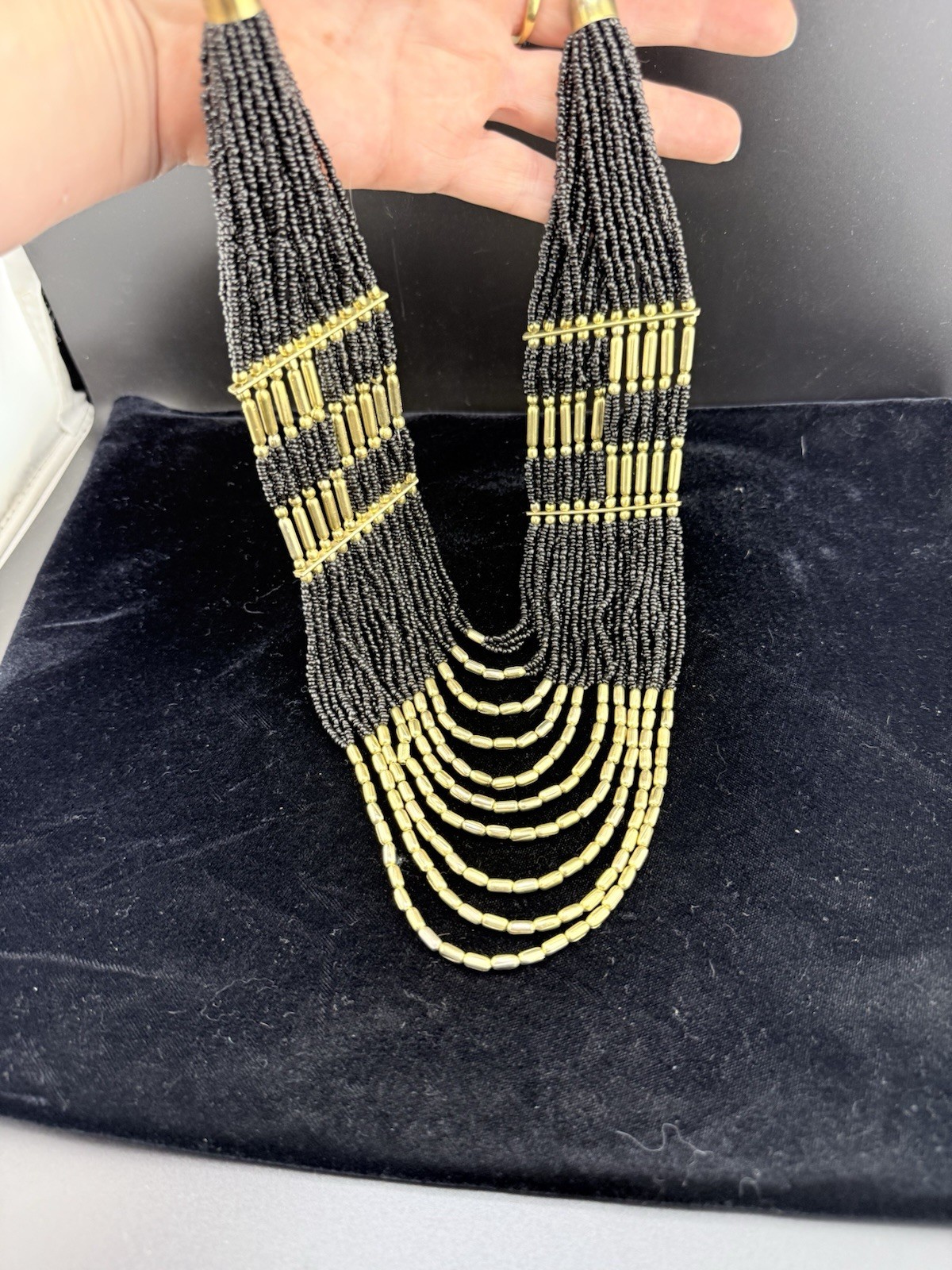 Vintage Black & Gold Multi-Strand Seed Beaded Statement Necklace – Stunning!