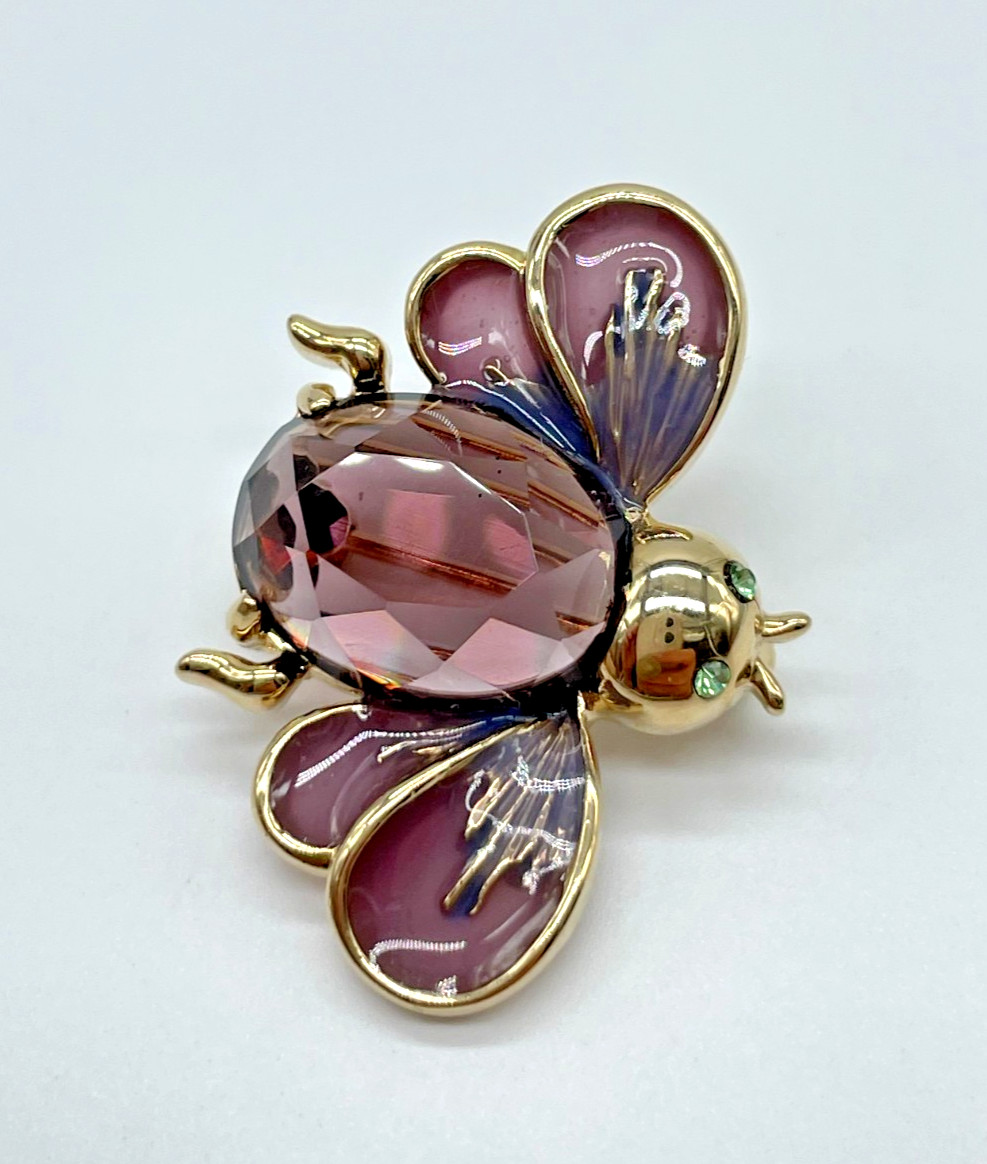 VTG Cute Little Purple Faceted Glass Green Rhinestone Enamel Bug Bee